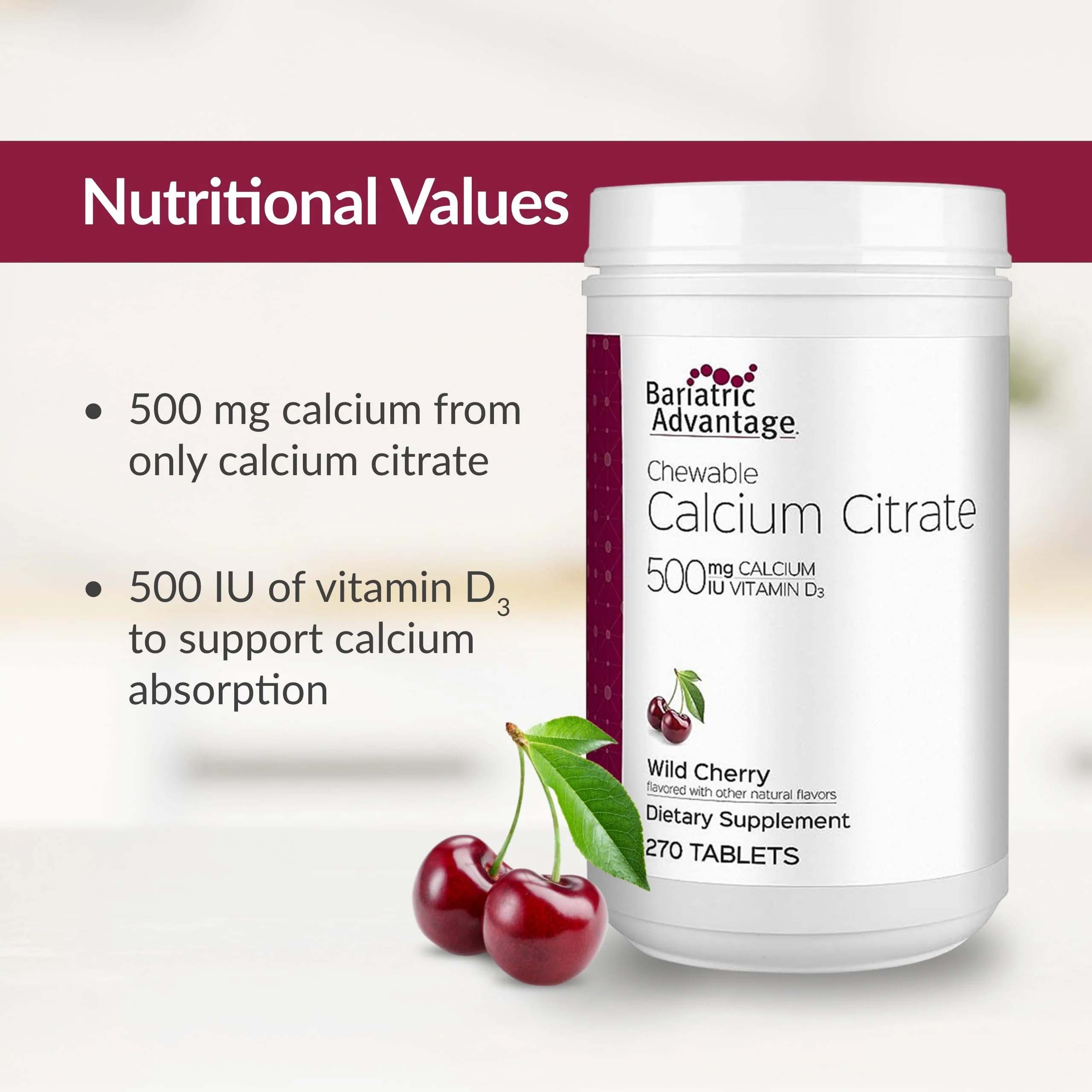 Bariatric Advantage Calcium Citrate Chewable 500mg with Vitamin D3 – Wild Cherry, 270 Count - Image 5