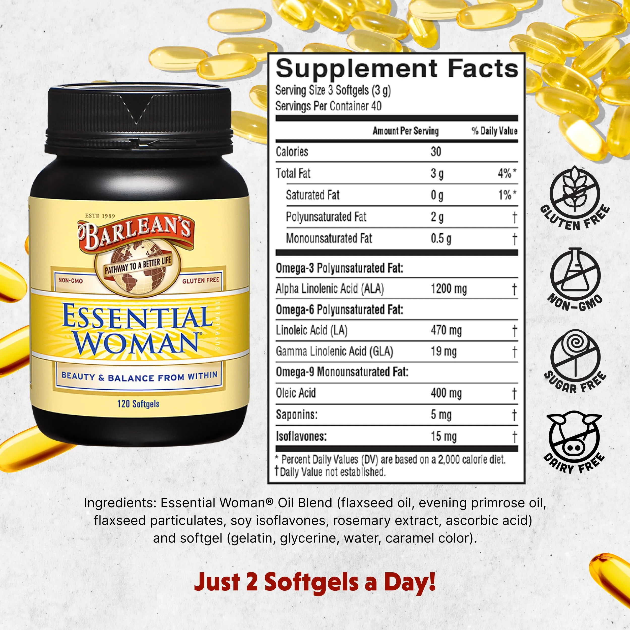Barlean's Essential Woman: Hormone Balance with Omega 3-6-9, GLA (120 ct) - Image 2