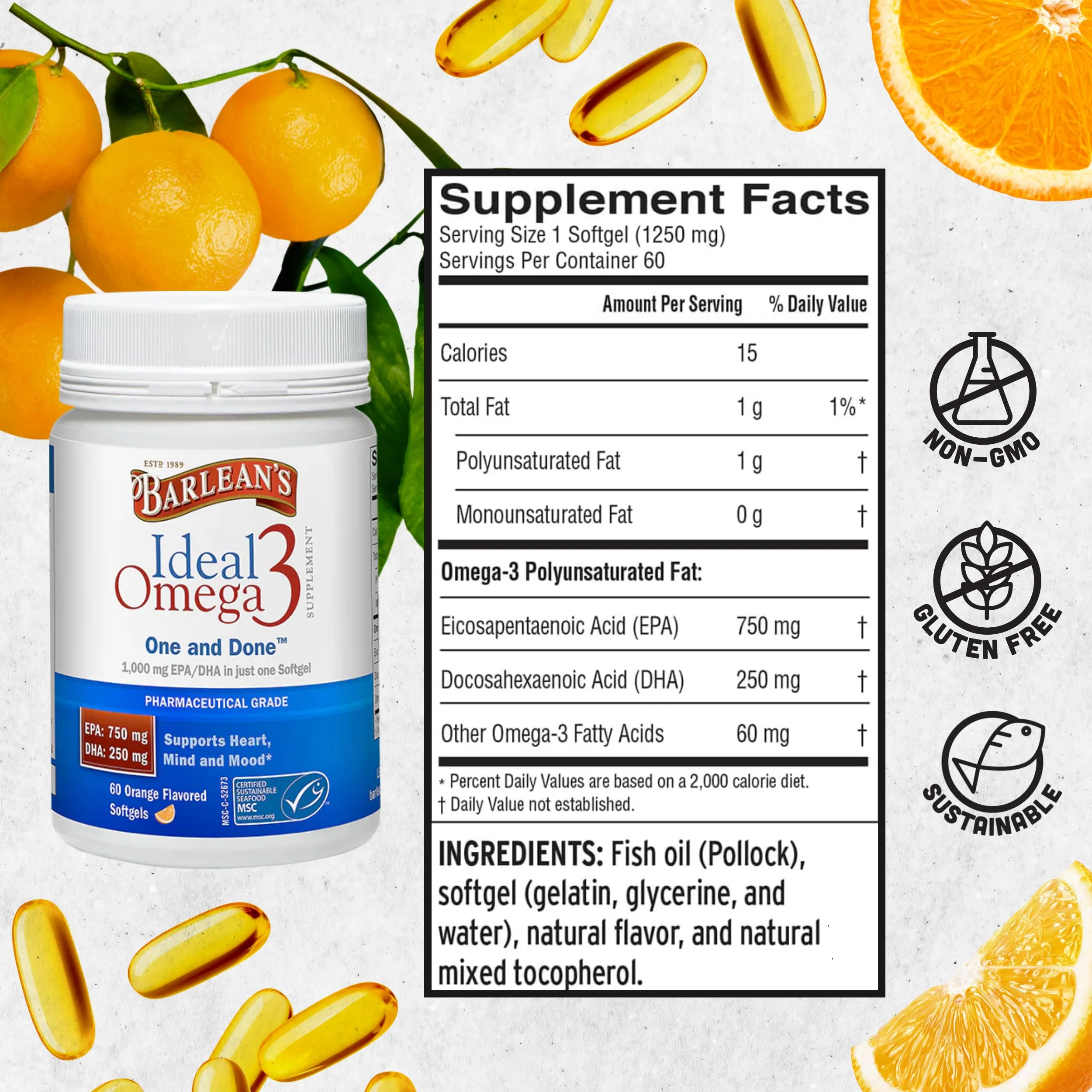 Barlean's Ideal Omega-3 Fish Oil Softgels 1000 mg – Orange Flavor, 60 ct - Image 6