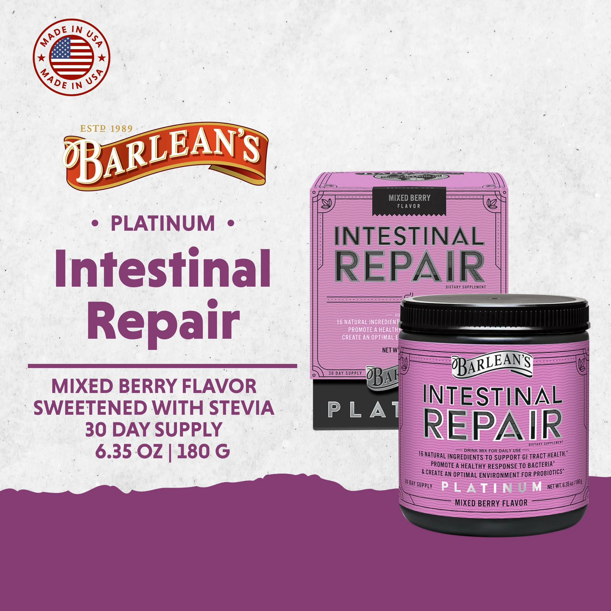 Barlean's Intestinal Repair Gut Health Powder - 16 Digestive Supplements, Mixed Berry, 6.35 oz - Image 4