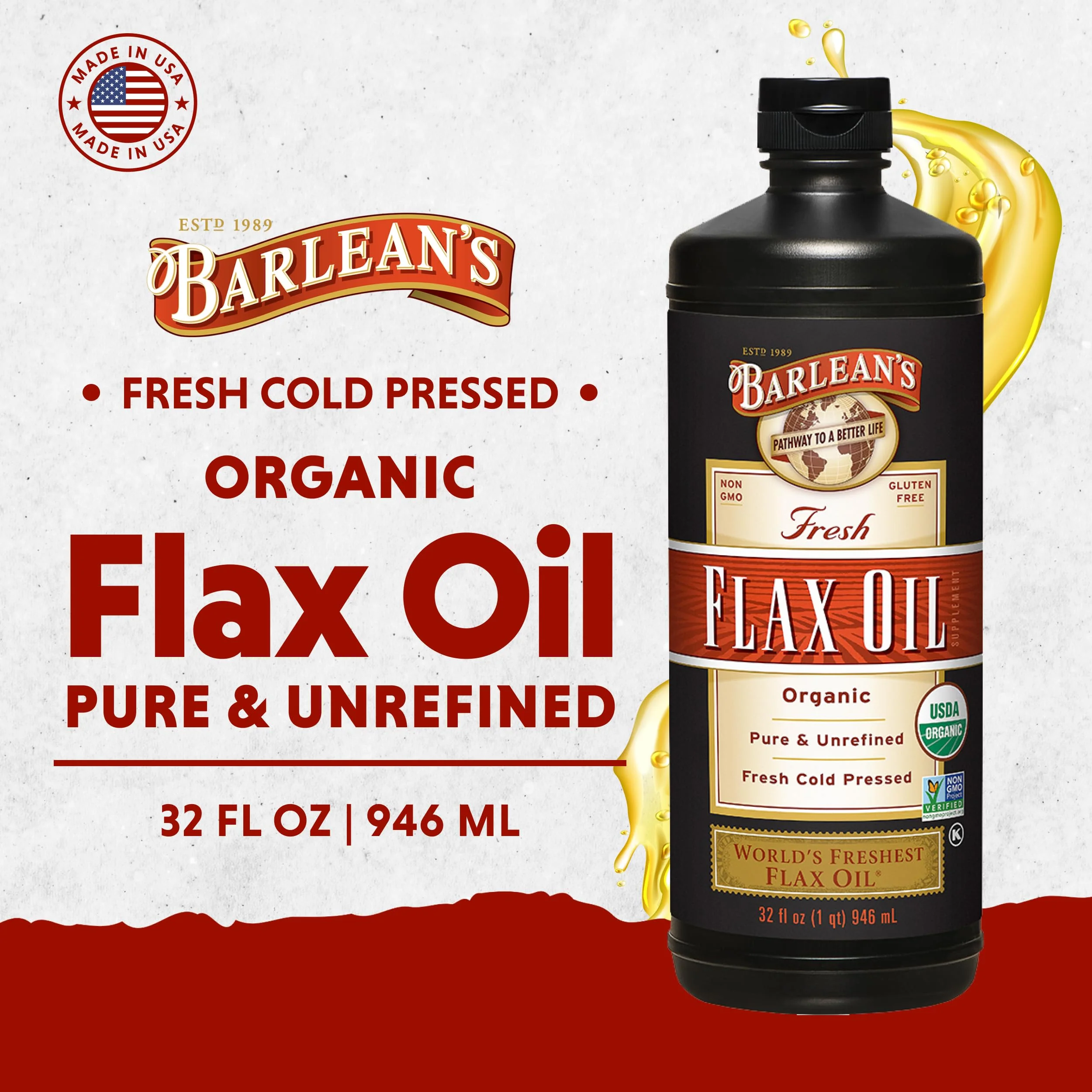 Barlean's Organic Flaxseed Oil Liquid Supplement – Cold-Pressed, 7,640 mg ALA Omega-3 per Tbsp, Vegan & Gluten Free, 32 oz - Image 10