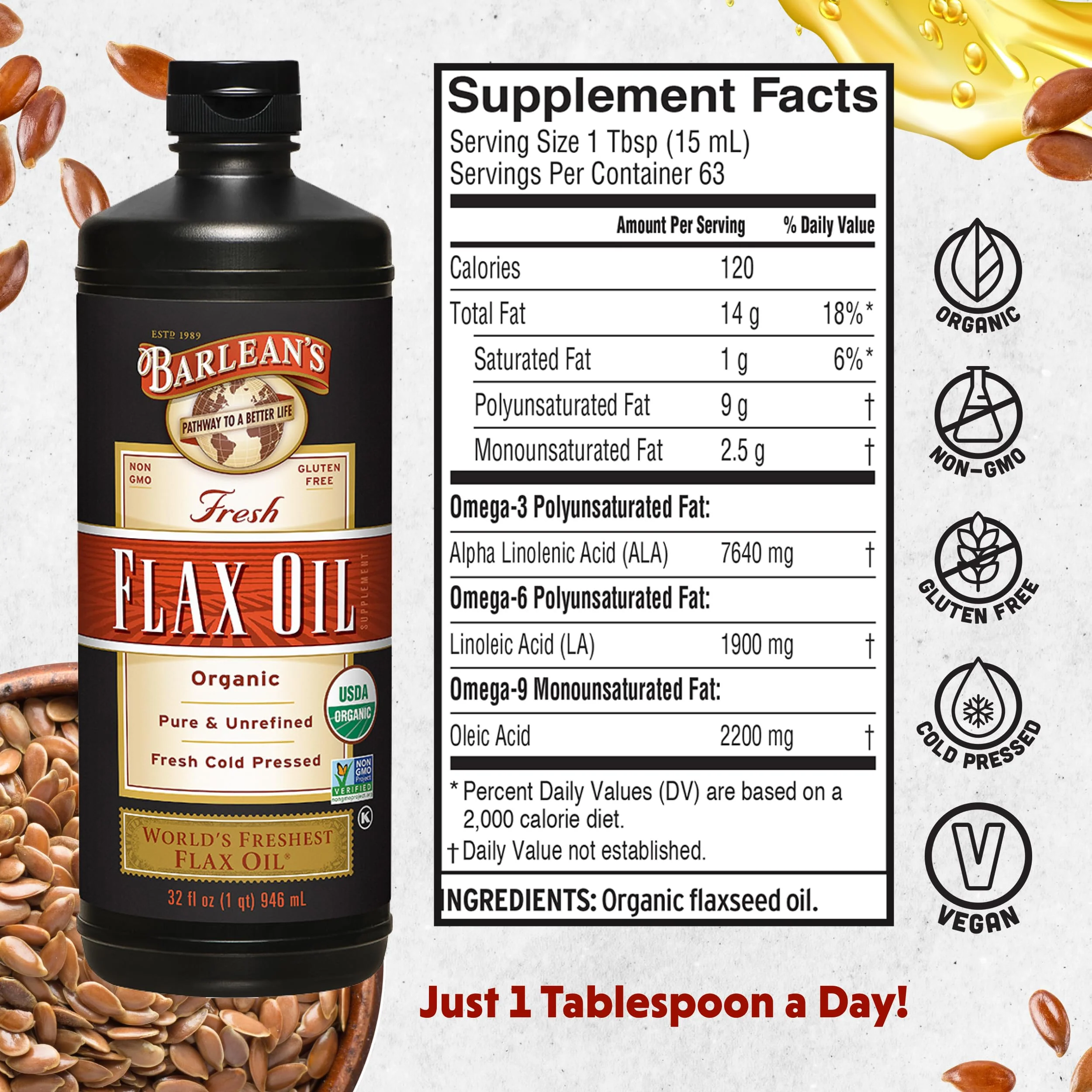 Barlean's Organic Flaxseed Oil Liquid Supplement – Cold-Pressed, 7,640 mg ALA Omega-3 per Tbsp, Vegan & Gluten Free, 32 oz - Image 2