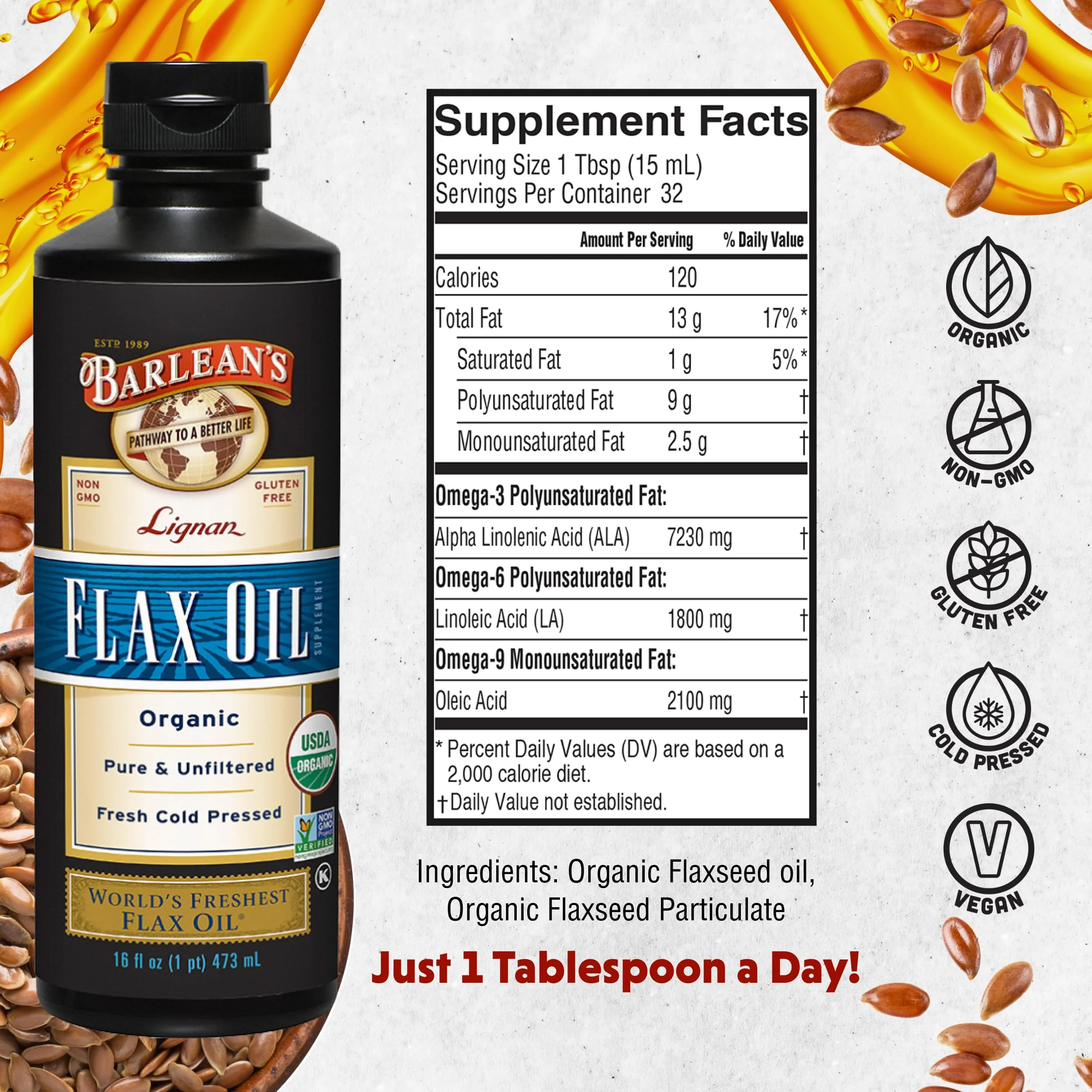Barlean's Organic Lignan Flaxseed Oil - 16 oz, 7,230 mg ALA, Vegan & Gluten Free - Image 6