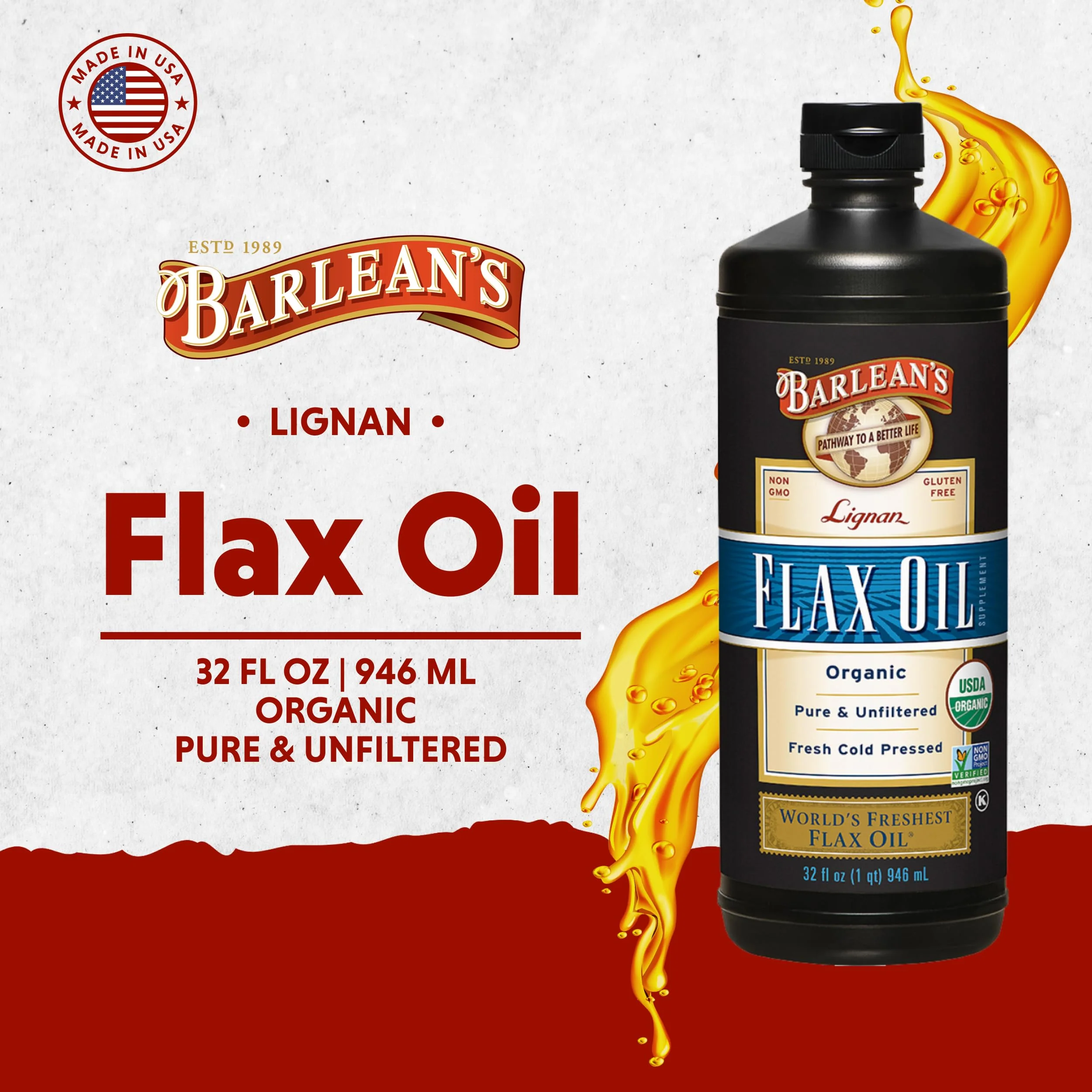 Barlean's Organic Lignan Omega-3 Flaxseed Oil | 7,230 mg ALA per Tbsp | Vegan & Gluten Free | 32 oz - Image 2