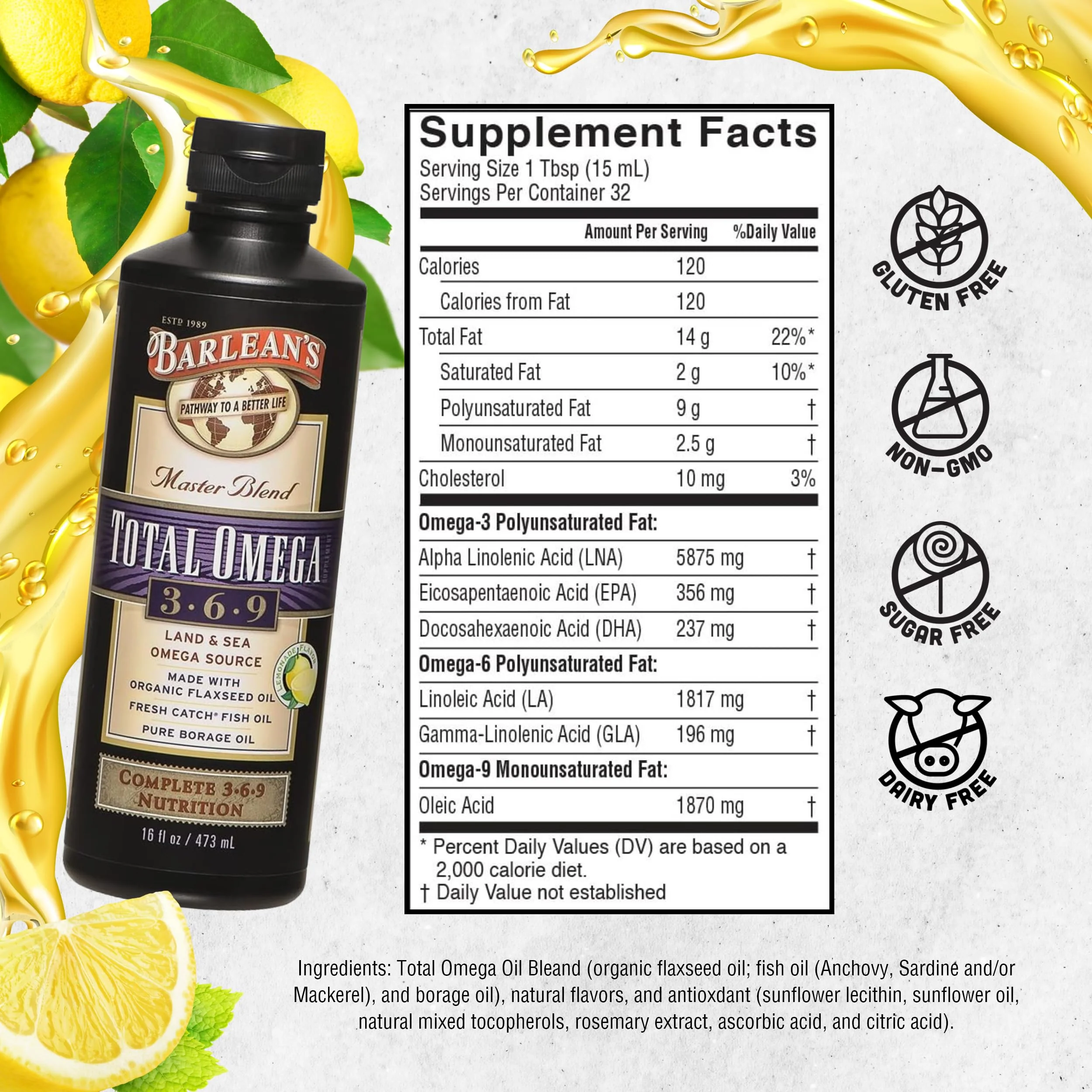 Barlean's Total Omega 3 6 9 Liquid – Lemon Flavor, 16 oz | 6,468 mg Omegas - Image 6