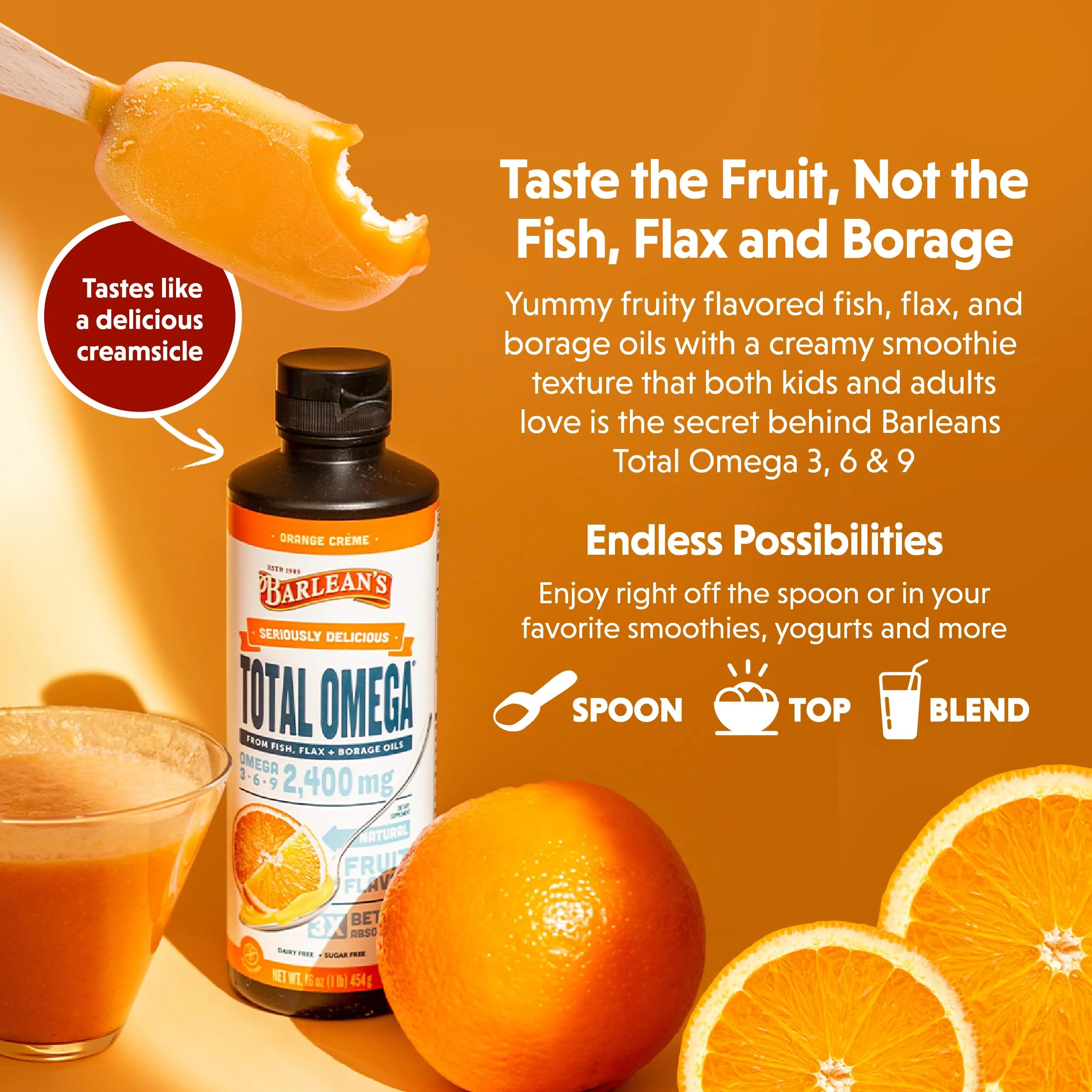 Barlean's Total Omega 3 6 9 Liquid – Orange Crème, 2,400 mg Omegas per Serving, 16 oz - Image 11