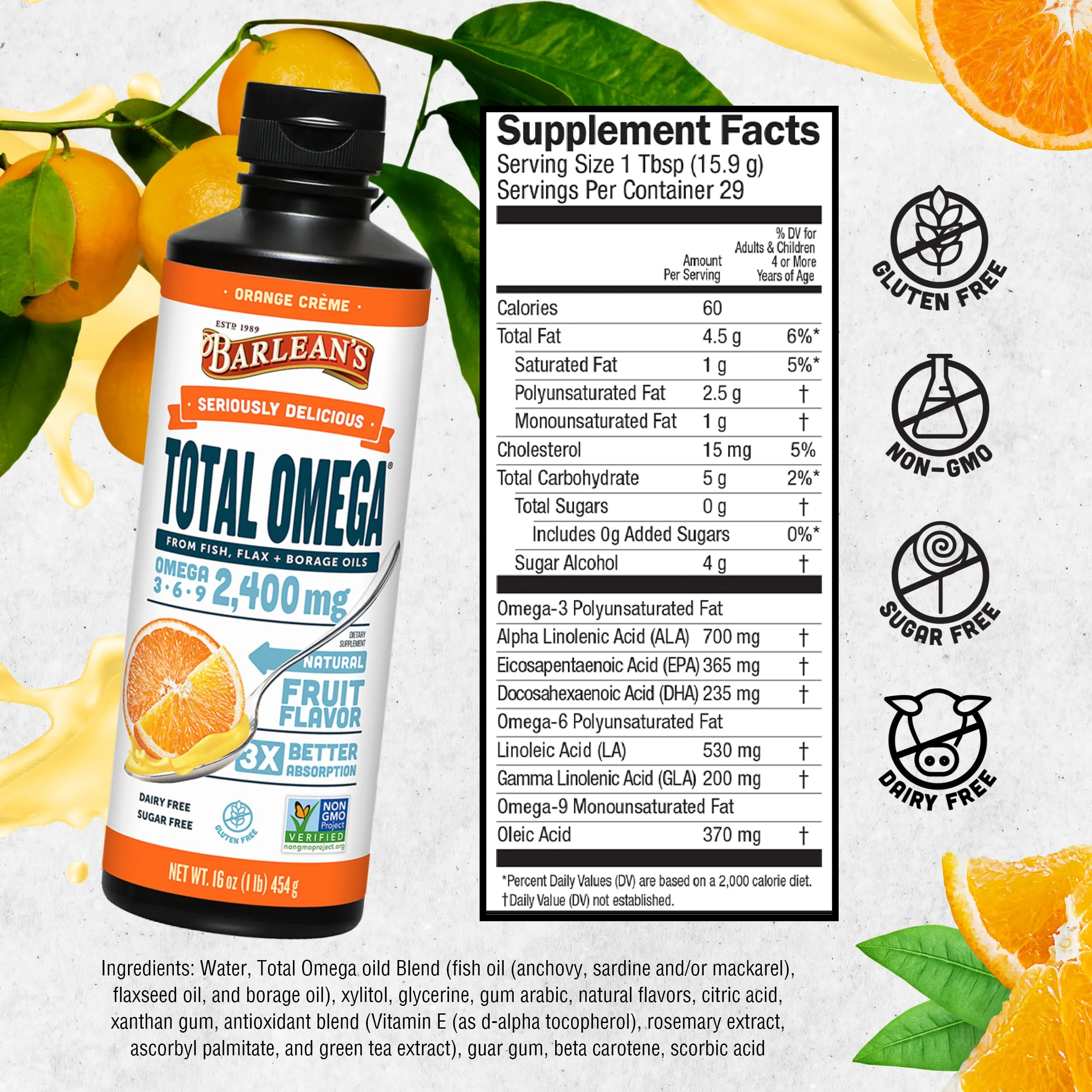 Barlean's Total Omega 3 6 9 Liquid – Orange Crème, 2,400 mg Omegas per Serving, 16 oz - Image 7