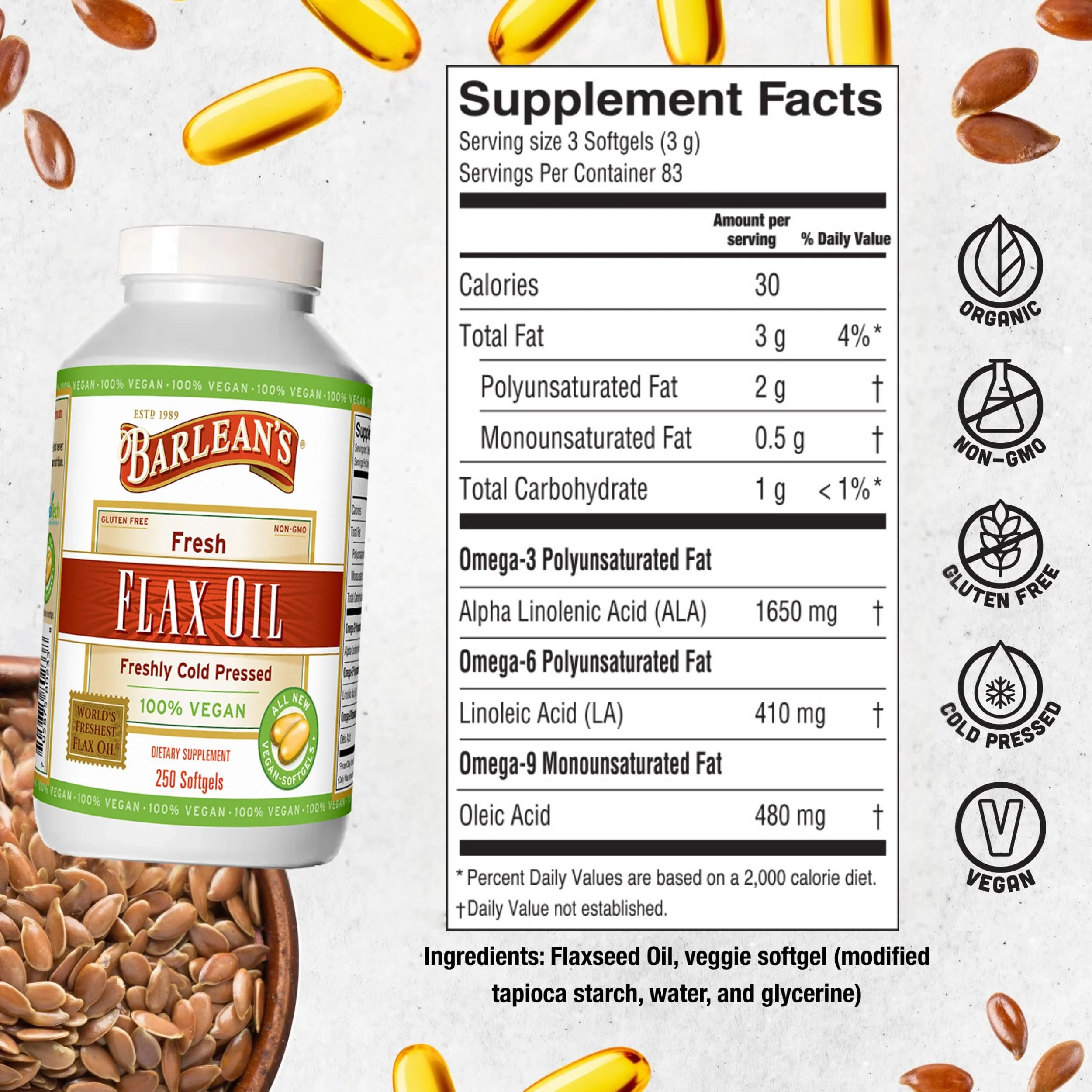 Barlean's Vegan Flaxseed Oil Softgels – 1650 mg ALA, Cold-Pressed, 250 Count - Image 2