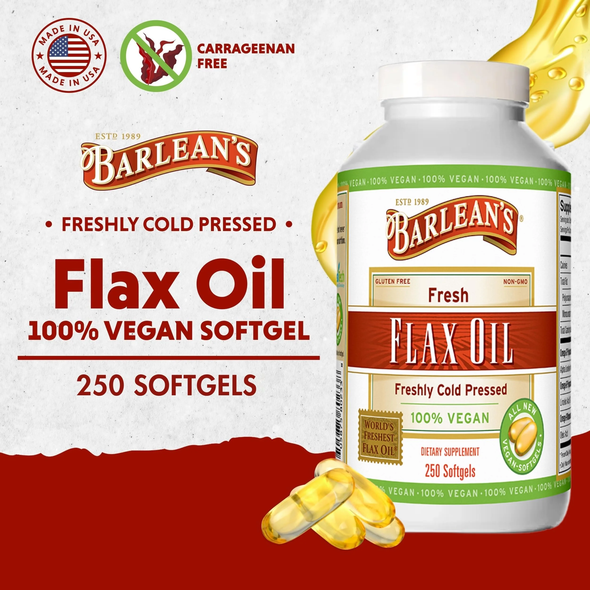 Barlean's Vegan Flaxseed Oil Softgels – 1650 mg ALA, Cold-Pressed, 250 Count - Image 4