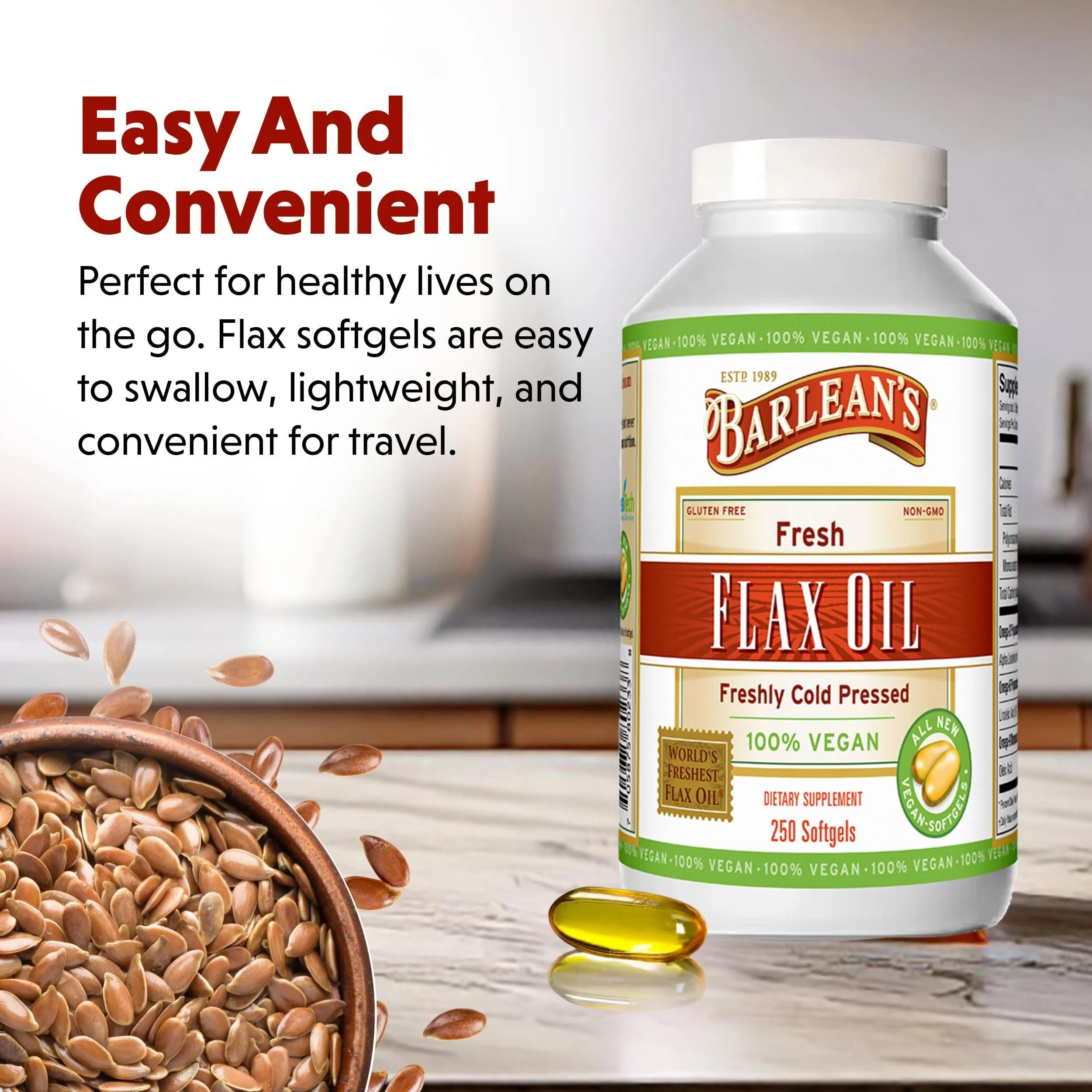 Barlean's Vegan Flaxseed Oil Softgels – 1650 mg ALA, Cold-Pressed, 250 Count - Image 6