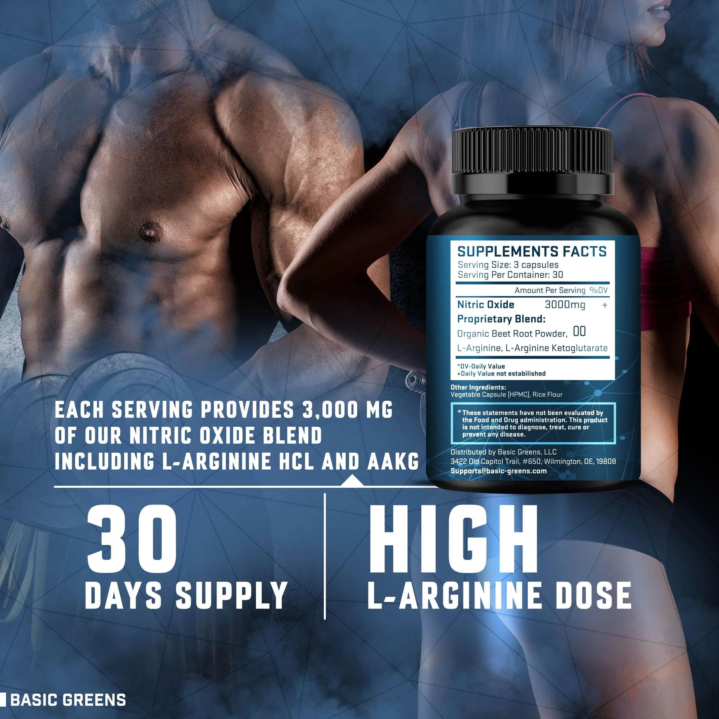 BASIC GREENS L-Arginine 3000mg – Vegan Nitric Oxide Booster for Endurance & Energy | 180 Capsules - Image 3