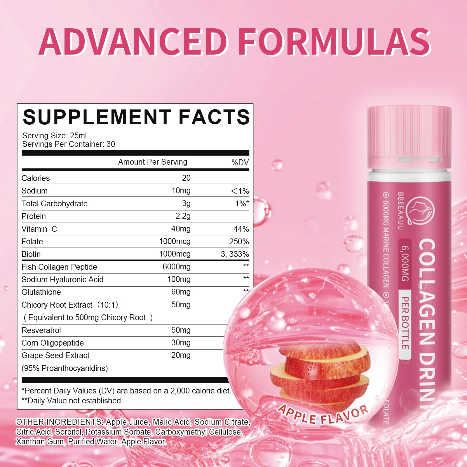 BBEEAAUU Collagen Drink 6000 mg Marine Peptides — Apple (30 x 0.85 oz) - Image 4