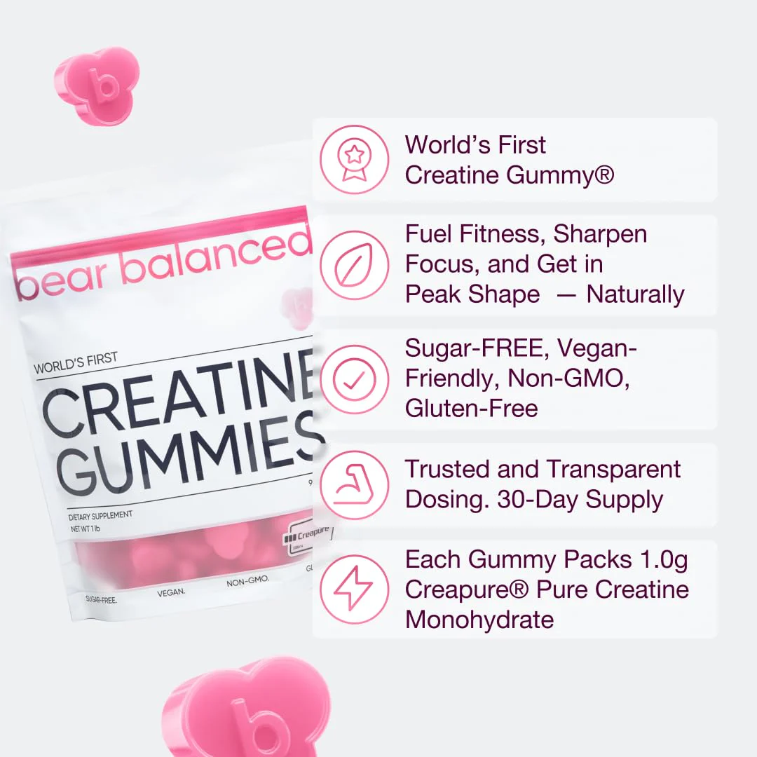 Bear Balanced Creatine Gummies with Creapure Monohydrate, L-Theanine & B12 – Focus, Energy & Strength (Vegan, Sugar-Free, Low-Calorie) - Image 2