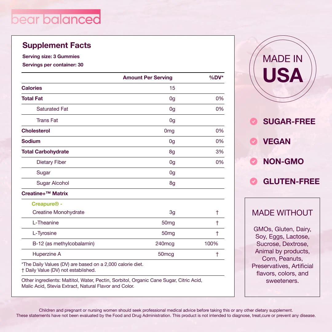 Bear Balanced Creatine Gummies with Creapure Monohydrate, L-Theanine & B12 – Focus, Energy & Strength (Vegan, Sugar-Free, Low-Calorie) - Image 4