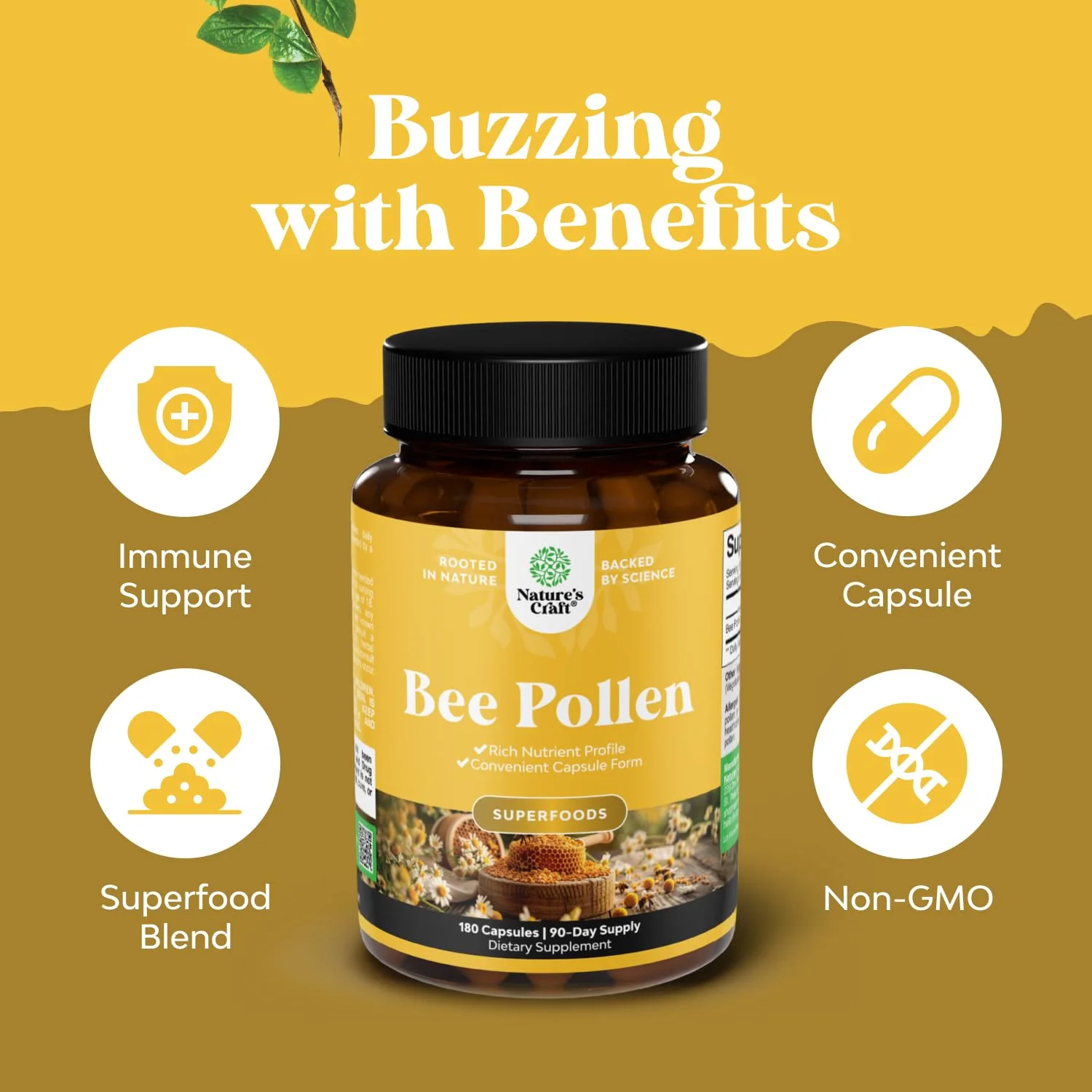 Bee Pollen Pills for Breast Growth - 180 Count, 1000mg | Bee Pollen Supplement with B Vitamins, Minerals & Enzymes | Vegetarian, Non-GMO & Gluten Free - Image 3