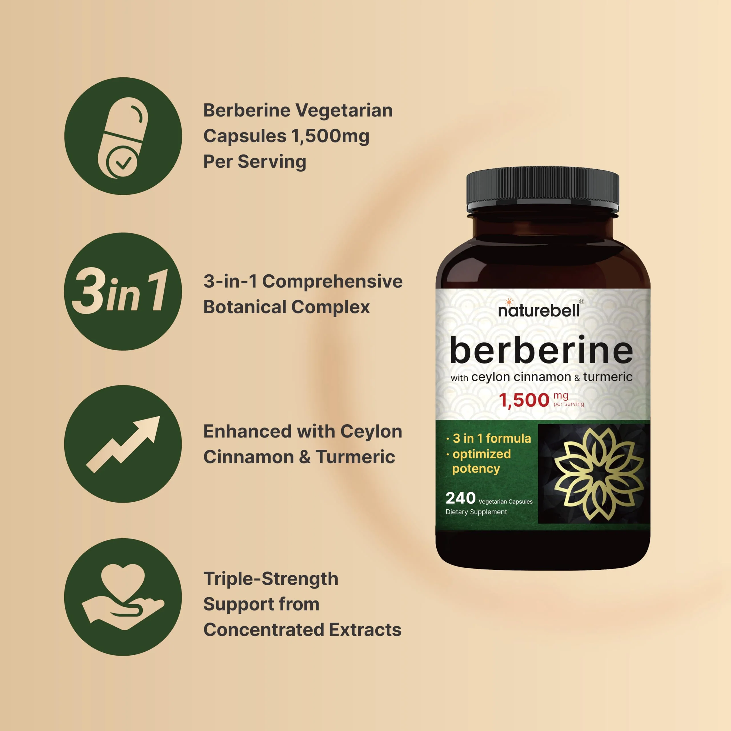 Berberine 1500mg with Cinnamon & Turmeric – 240 Veggie Capsules | 97% Pure Berberine HCL | Vegan, Non-GMO - Image 3