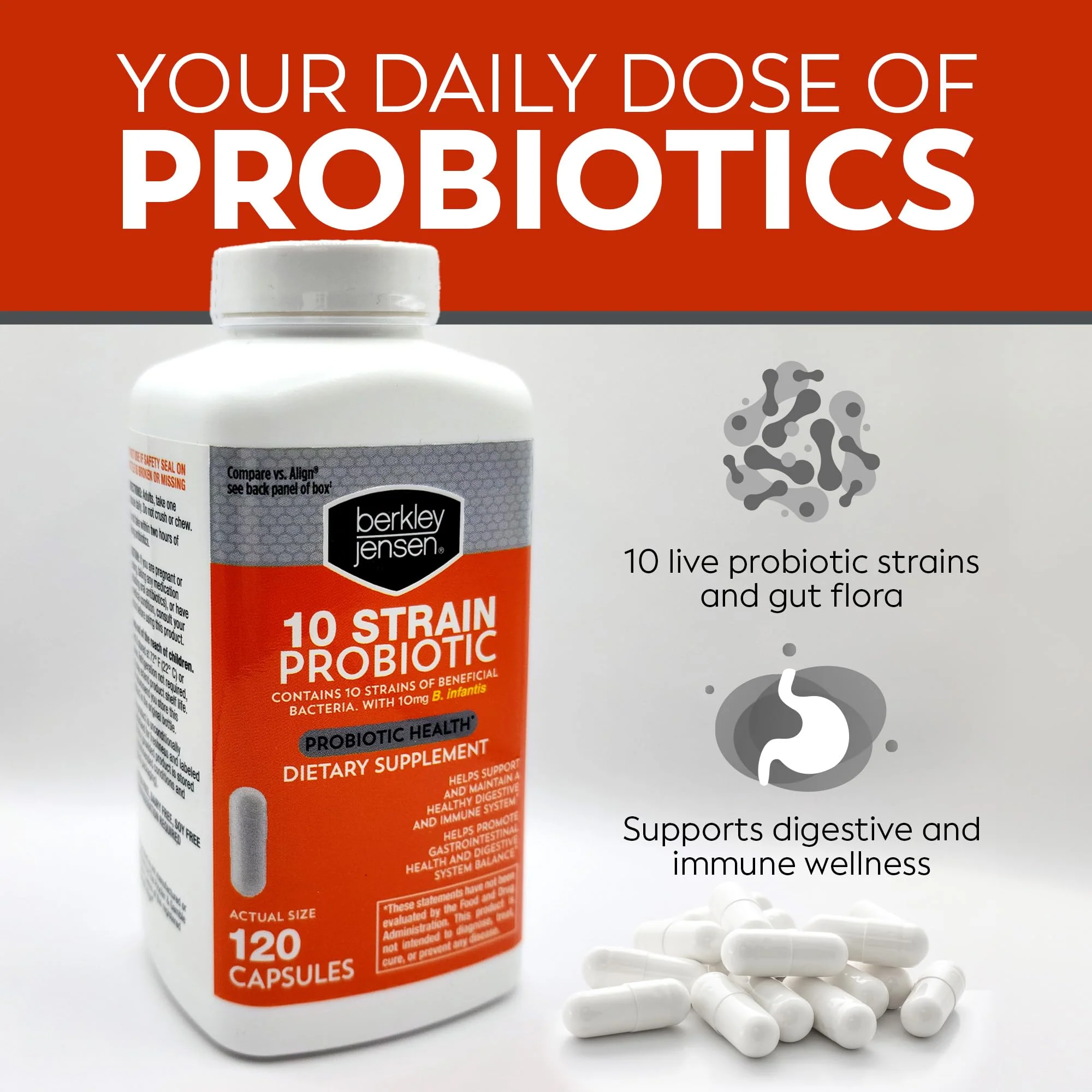 Berkley Jensen Natural 10-Strain Probiotic Supplement - 120 Count, 10 Billion CFUs per Capsule, 17-Week Digestive & Immune Health Support - Image 2