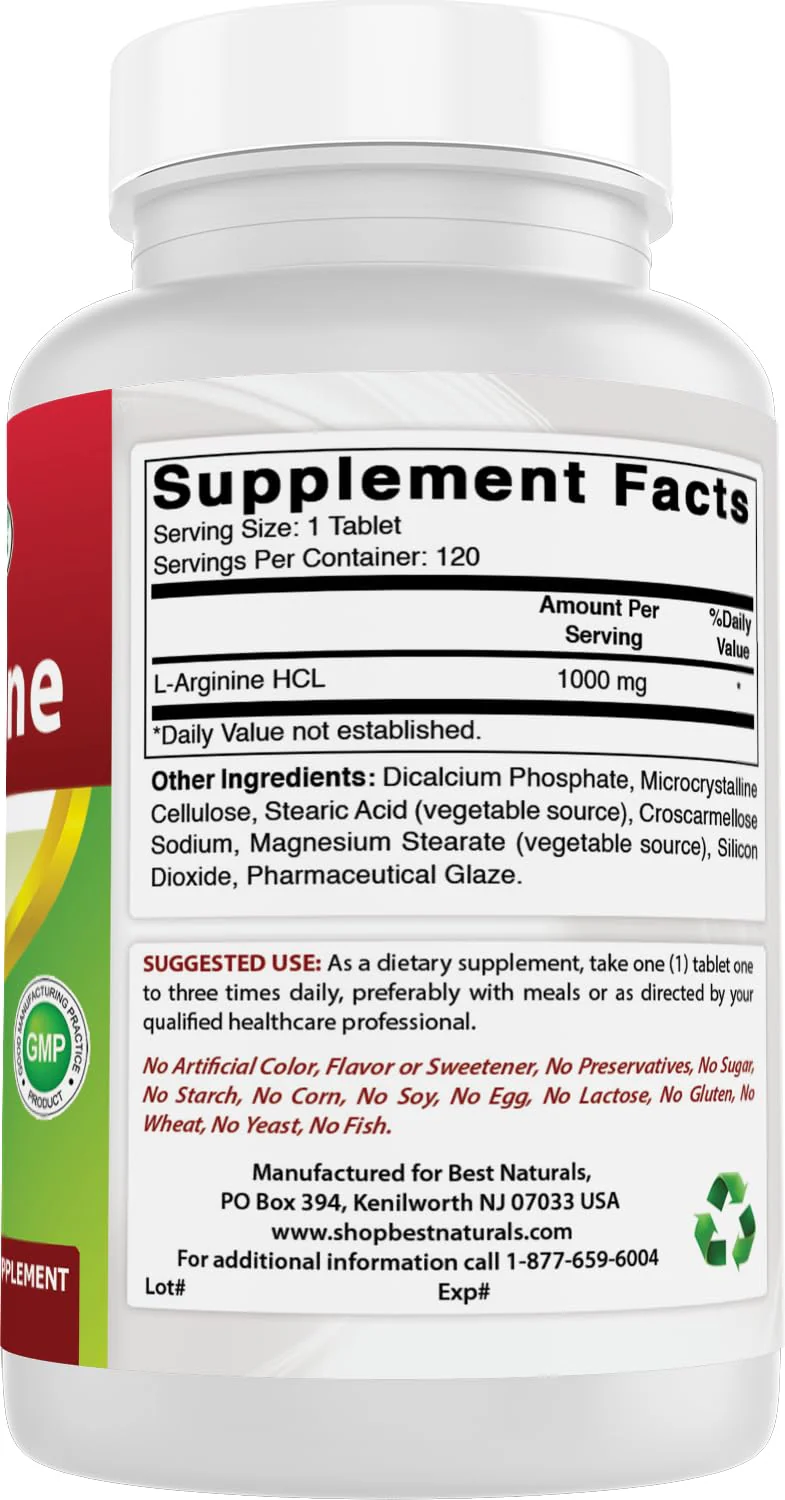 Best Naturals 3 Pack L-Arginine 1000 mg 120 Tablets - Pharmaceutical Grade L Arginine Supplement Promotes Nitric Oxide Synthesis (Total 360 Tablets) - Image 6