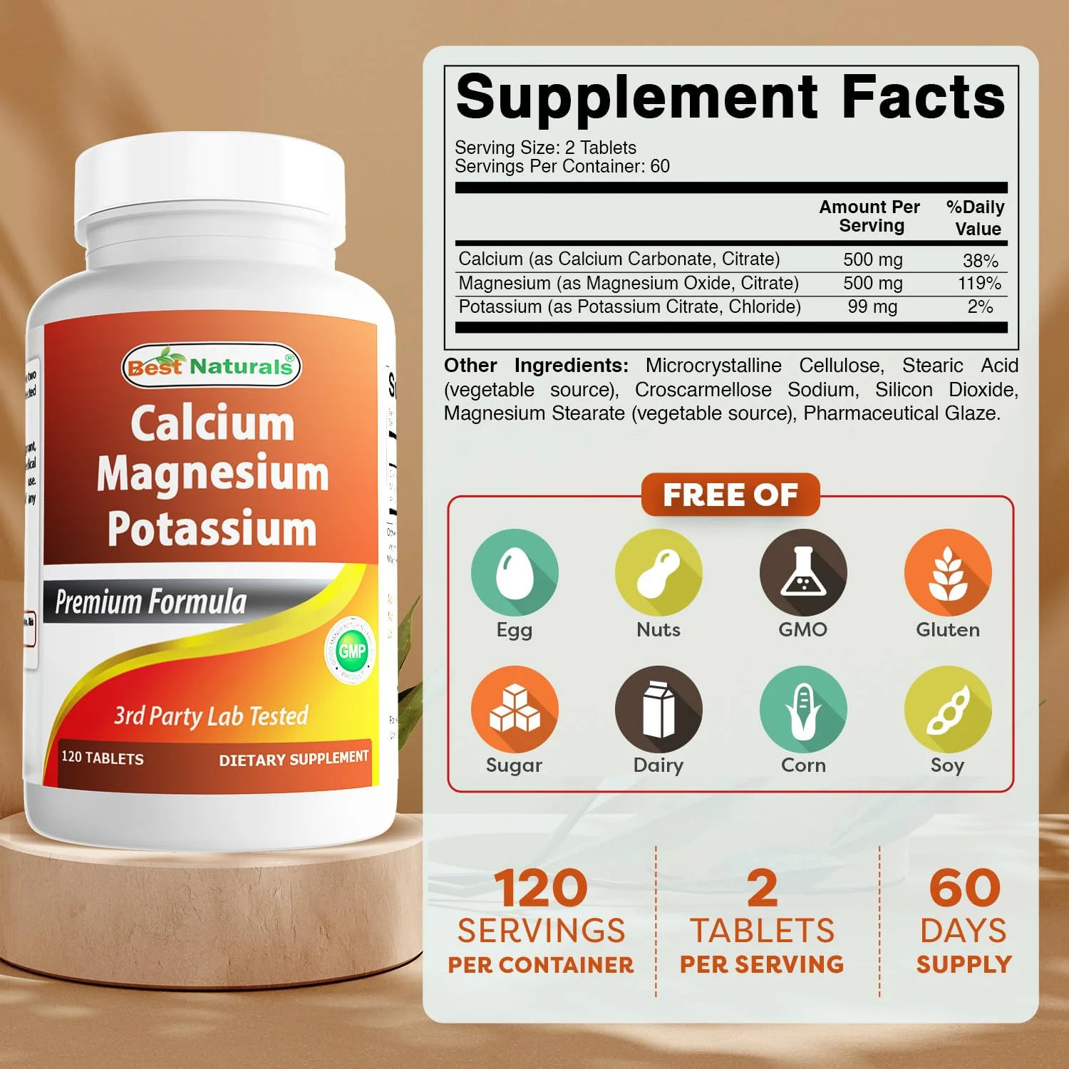 Best Naturals Calcium Magnesium Potassium - 120 Tablets (Pack of 2) | Non-GMO & Gluten Free - Image 2