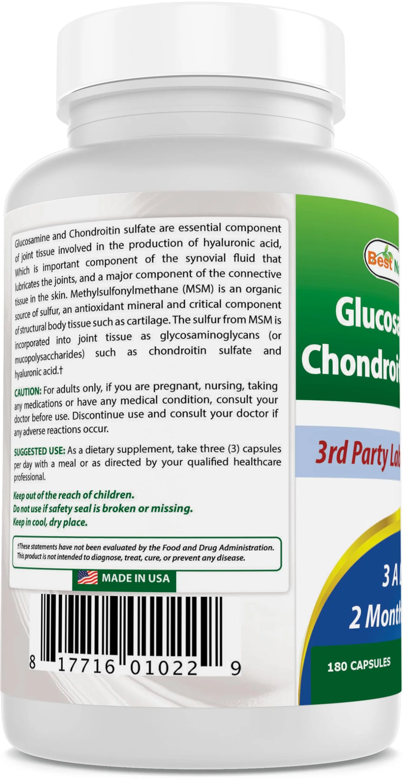 Best Naturals Glucosamine Chondroitin MSM Joint Supplement – 2600 mg/Serving, 180 Capsules per Bottle, Pack of 3 - Image 14