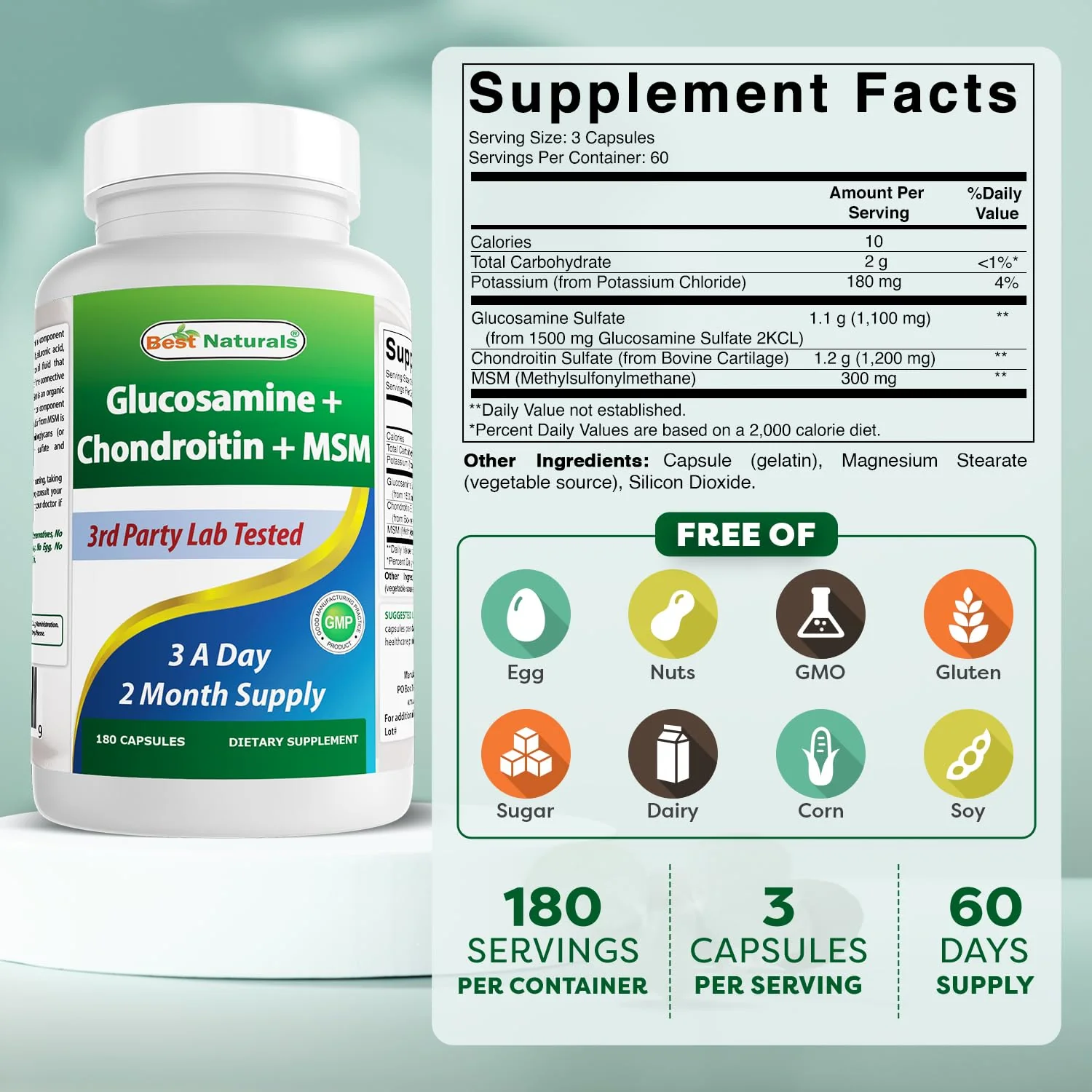 Best Naturals Glucosamine Chondroitin MSM Joint Supplement – 2600 mg/Serving, 180 Capsules per Bottle, Pack of 3 - Image 9