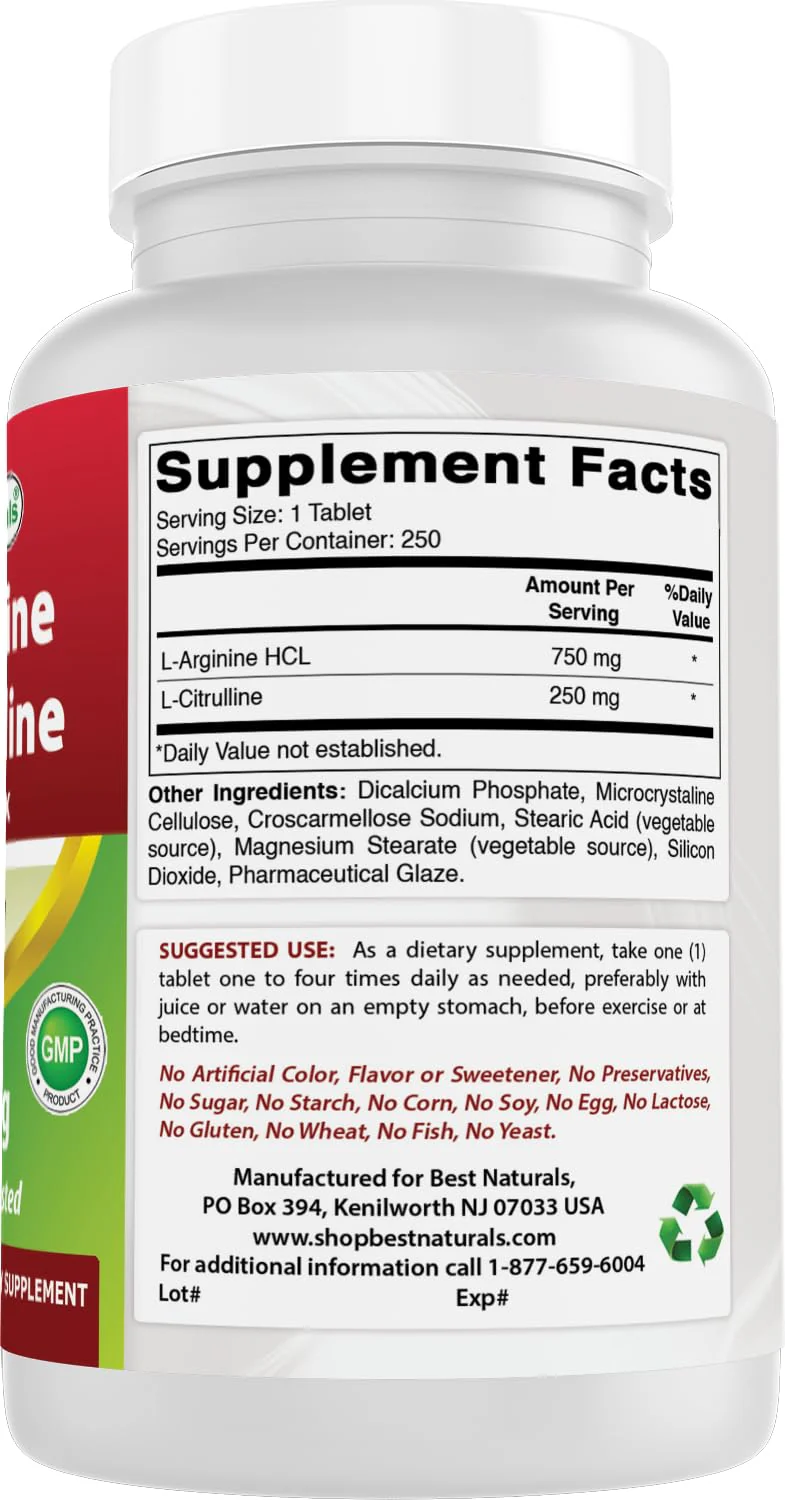 Best Naturals L-Arginine L-Citrulline Complex 1000 mg - 250 Tablets (Pack of 2) - Image 6