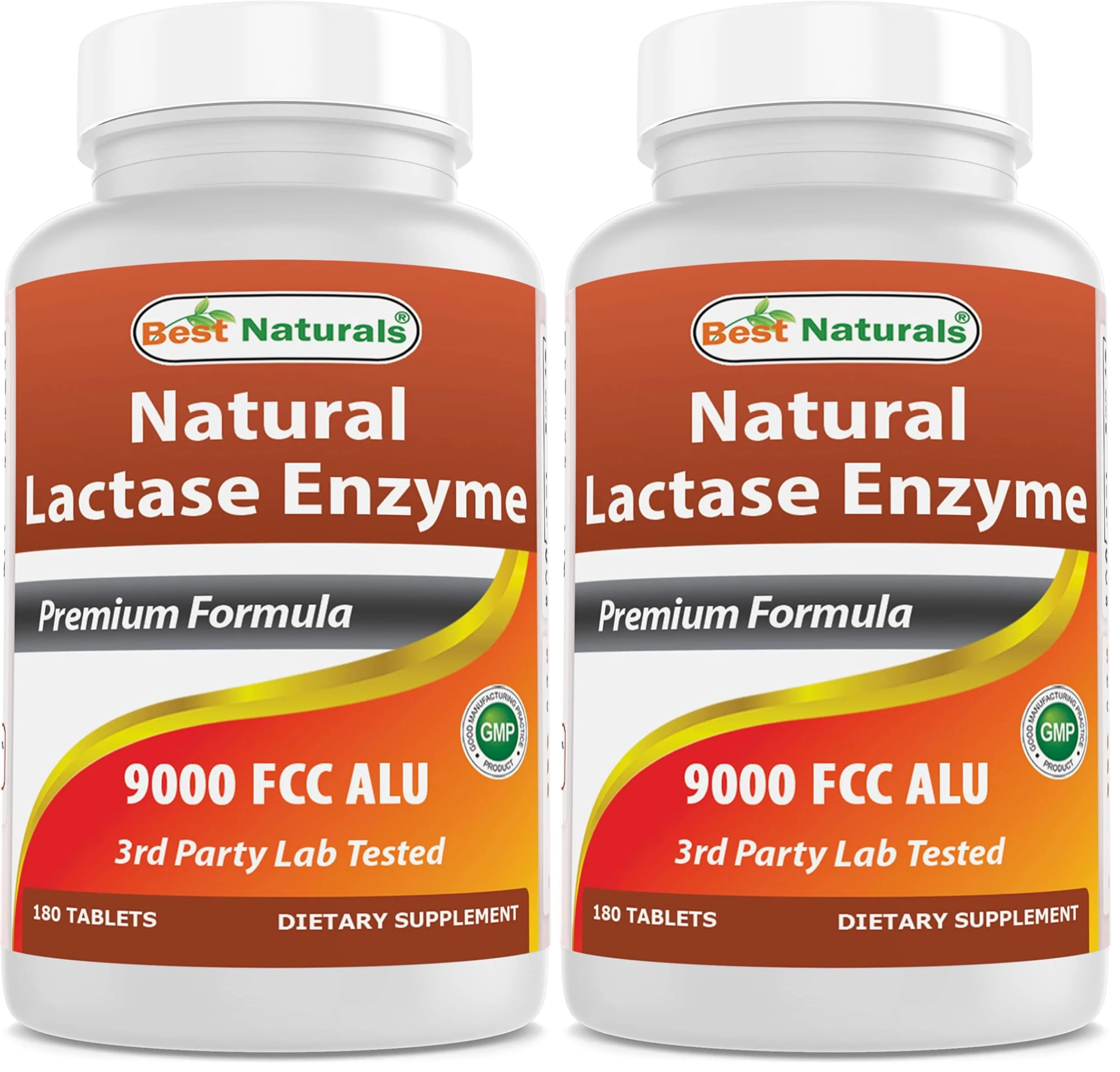 Best Naturals Lactase Enzyme Tablets – Fast Acting 9000 FCC ALU, 180 Count per Bottle, Pack of 2