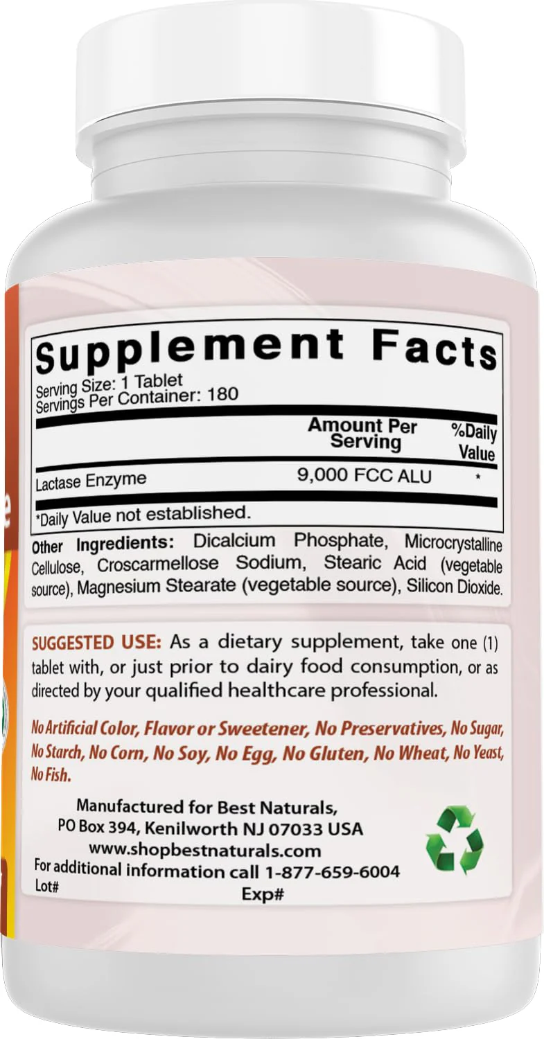 Best Naturals Lactase Enzyme Tablets – Fast Acting 9000 FCC ALU, 180 Count per Bottle, Pack of 2 - Image 13
