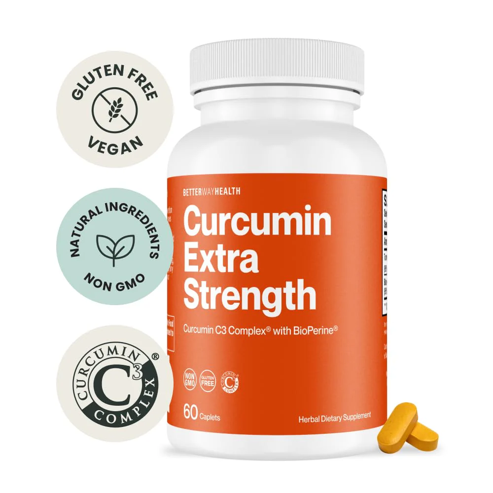 Better Way Health Curcumin Extra Strength 1000mg - Turmeric Curcumin C3 Complex + BioPerine Black Pepper for Joint & Immune Health - 60 Caplets - Image 3