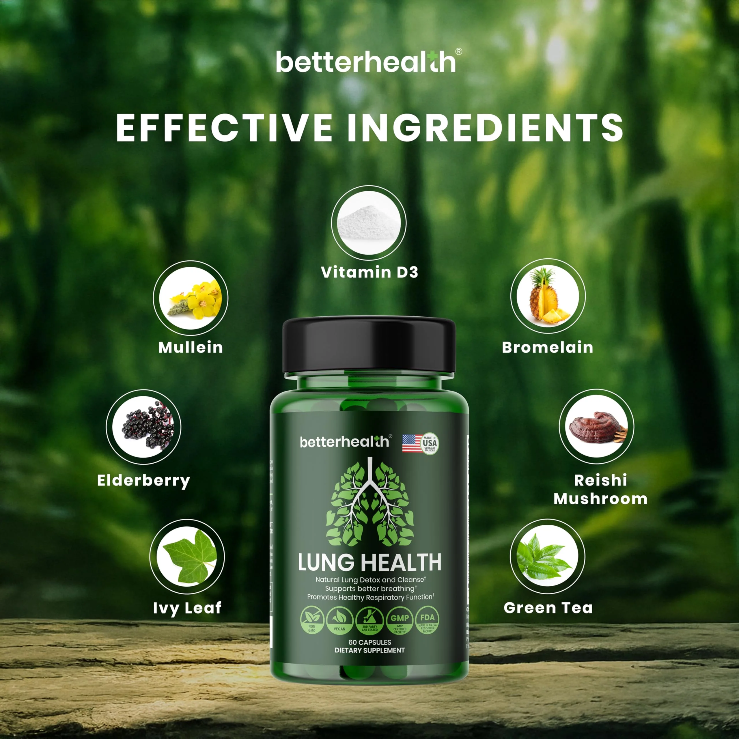 BetterHealth Lung Health Daily – Mullein Leaf, Vitamin D3, Elderberry | Respiratory Support (60 Capsules) - Image 5