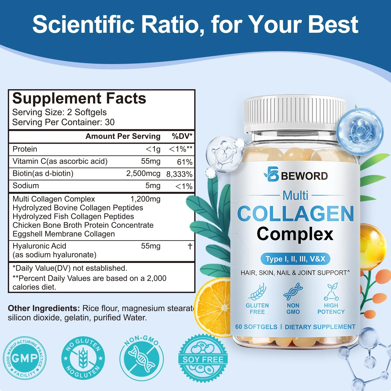 BEWORD Multi Collagen Softgels – 240 Capsules, 4-Pack | Type I, II, III, V, X + Vitamin C & Hyaluronic Acid - Image 3