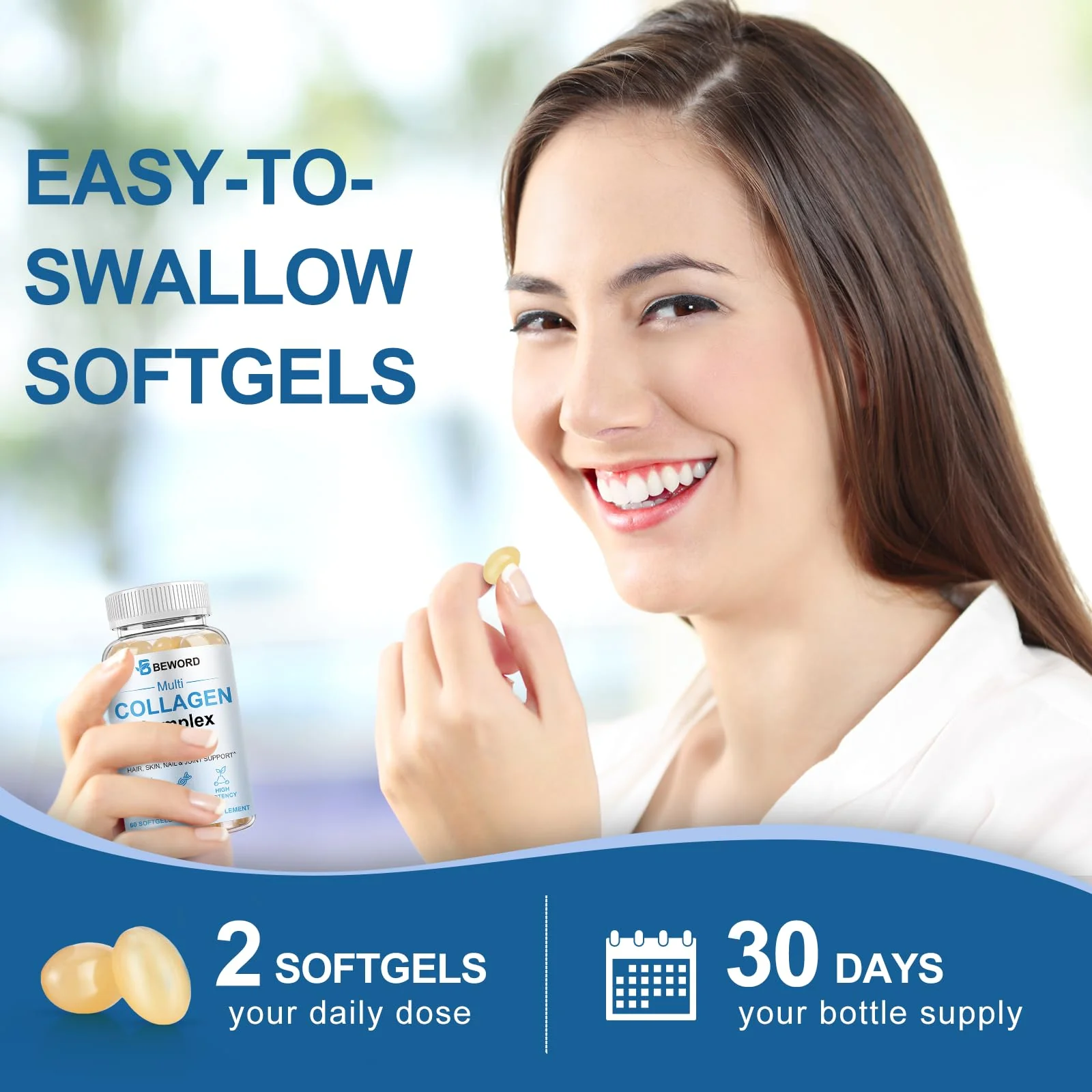 BEWORD Multi Collagen Softgels – 240 Capsules, 4-Pack | Type I, II, III, V, X + Vitamin C & Hyaluronic Acid - Image 7