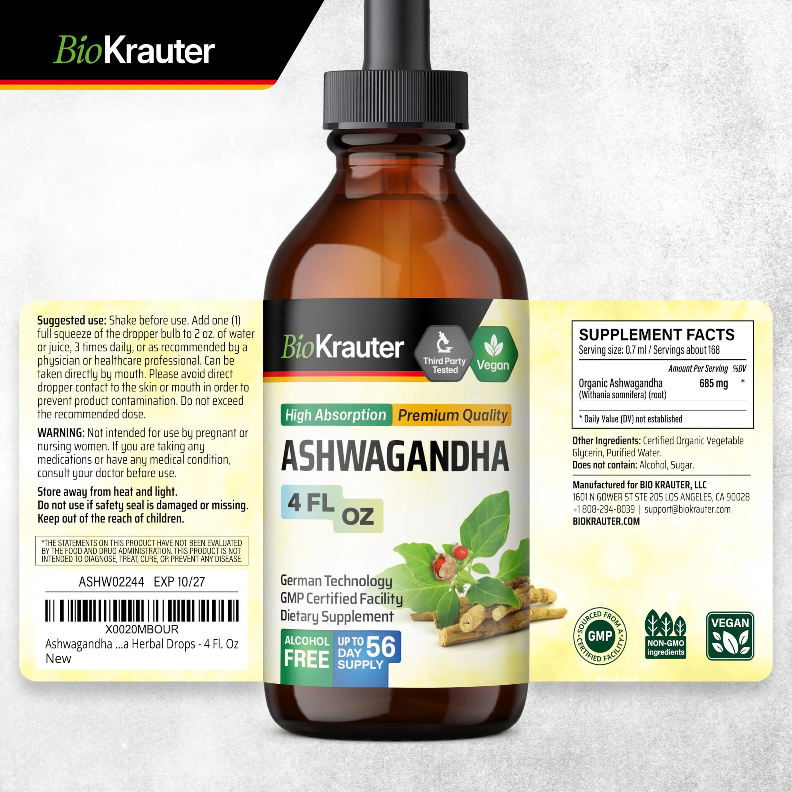 BIO KRAUTER Ashwagandha Liquid Drops – Calm Mood Support, Vegan, Alcohol & Sugar Free, 4 oz (Pack of 2) - Image 4