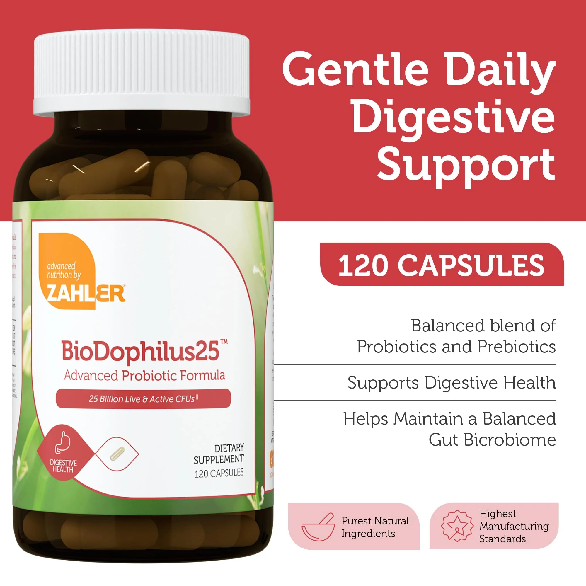 BioDophilus25 Probiotic + Prebiotic - 25 Billion CFU, 11 Strains | Zahler - 120 Capsules - Image 3