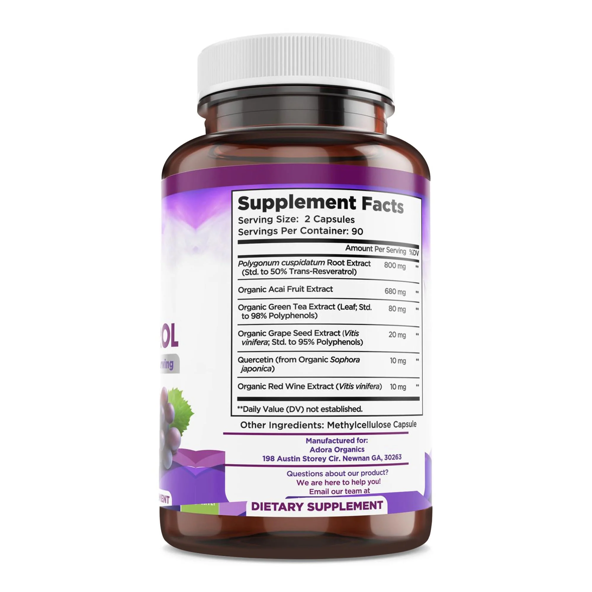Biodora Resveratrol 1600mg – Trans-Resveratrol Antioxidant with Green Tea, Grape Seed & Quercetin | 180 Capsules - Image 2