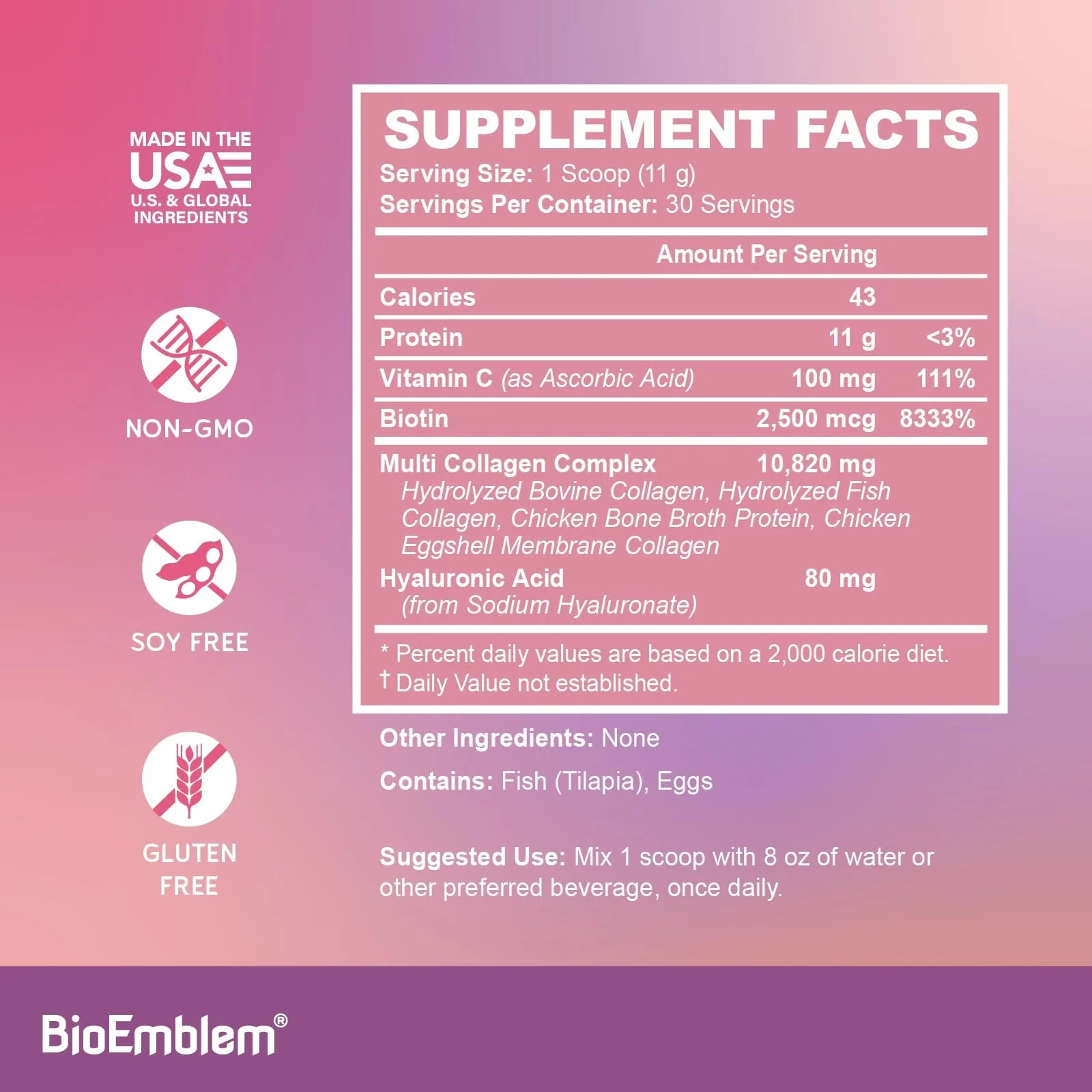 BioEmblem Beauty Collagen – 11G Hydrolyzed Multi-Collagen Peptides, Hyaluronic Acid, Vitamin C & Biotin – 30 Servings - Image 5