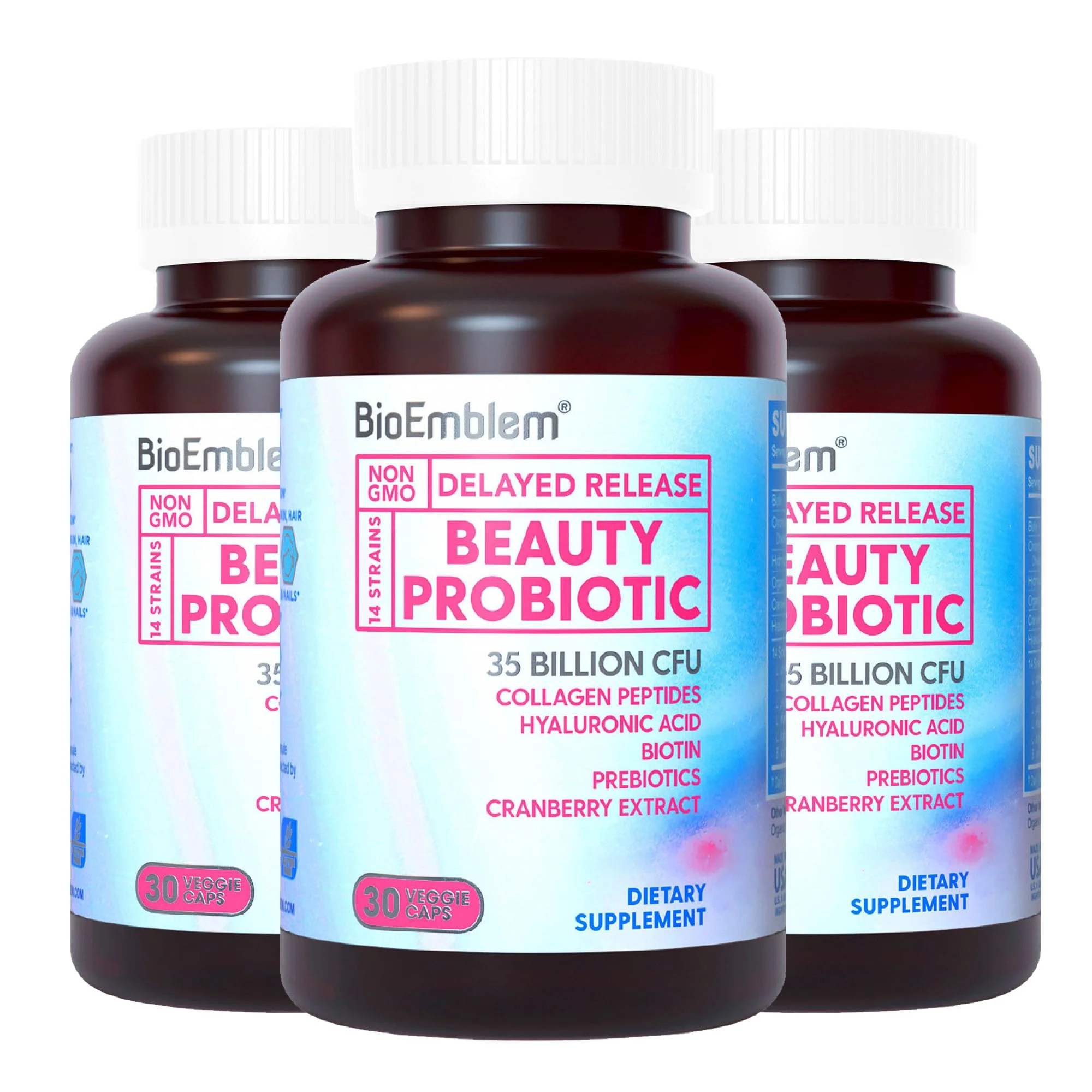 BioEmblem Beauty Probiotics for Women – 35B CFU, 14 Strains, Biotin & Collagen, 90 Caps