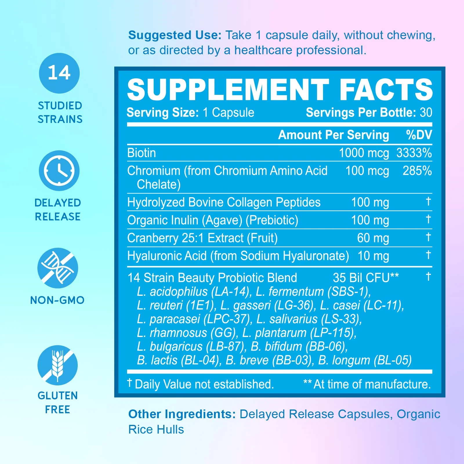 BioEmblem Beauty Probiotics for Women – 35B CFU, 14 Strains, Biotin & Collagen, 90 Caps - Image 3
