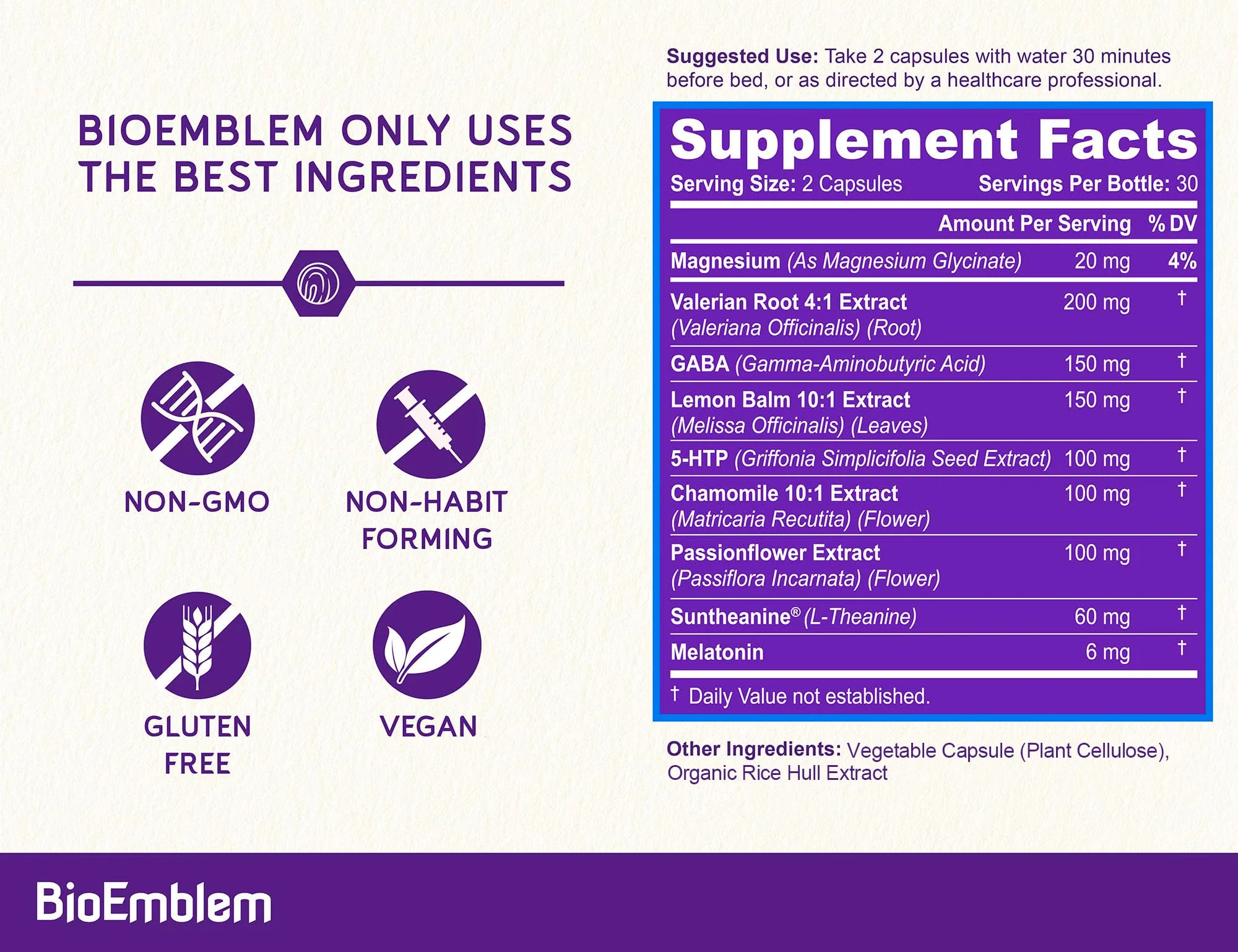 BioEmblem Natural Sleep Aid for Adults | Melatonin, Valerian, Suntheanine | 60 Capsules | 3 Pack - Image 3
