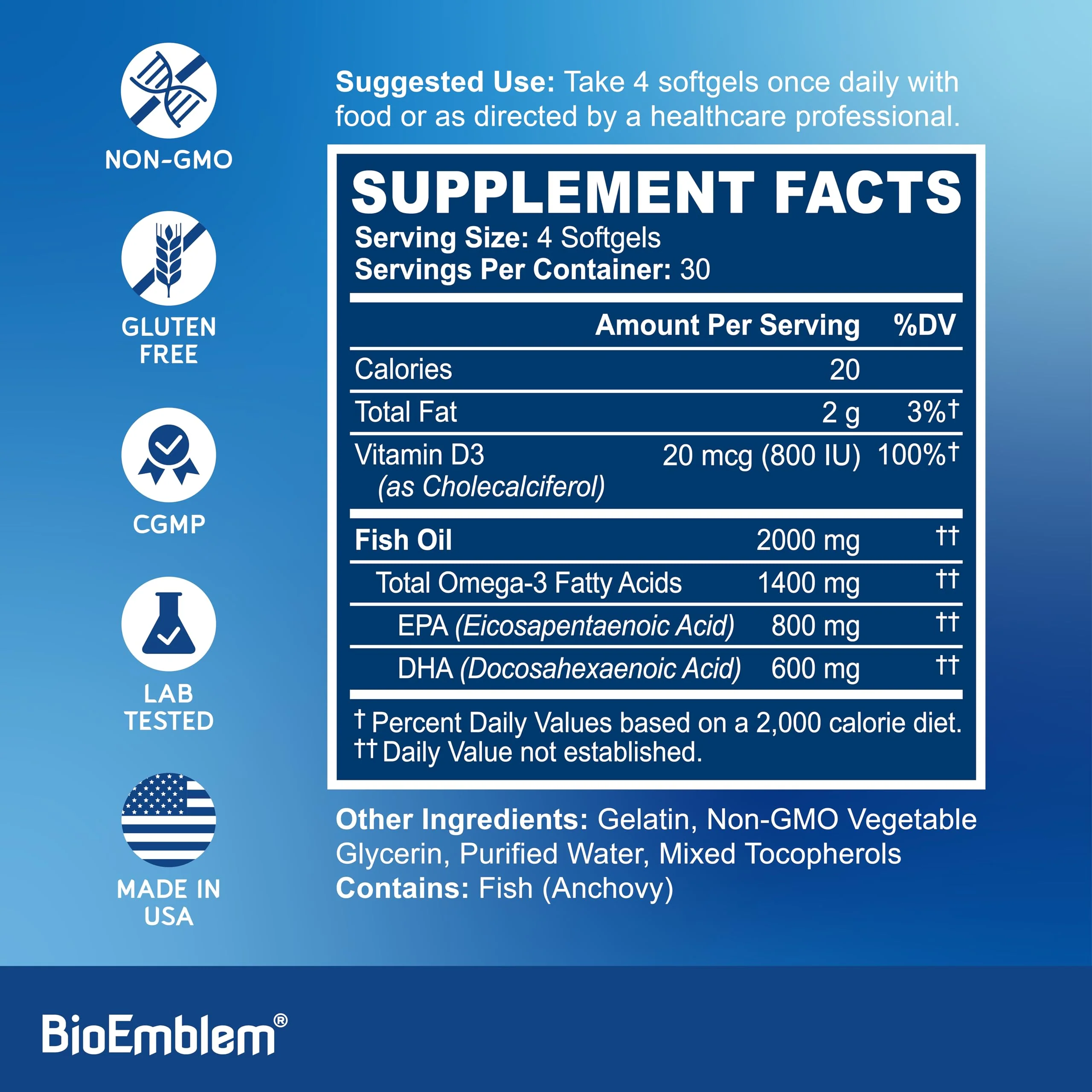 BioEmblem Omega-3 Fish Oil 2000mg | 360 Softgels | Vitamin D3 | Non-GMO - Image 2