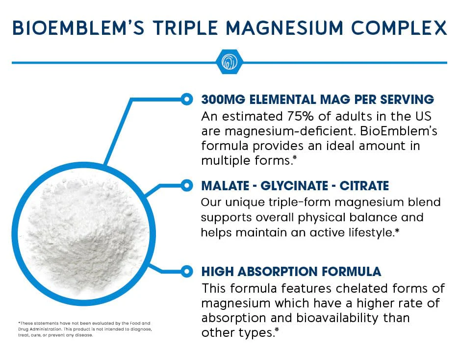 BioEmblem Triple Magnesium Complex - 300mg Mg Glycinate, Malate & Citrate | Vegan, Non-GMO | 90 Capsules - Image 3
