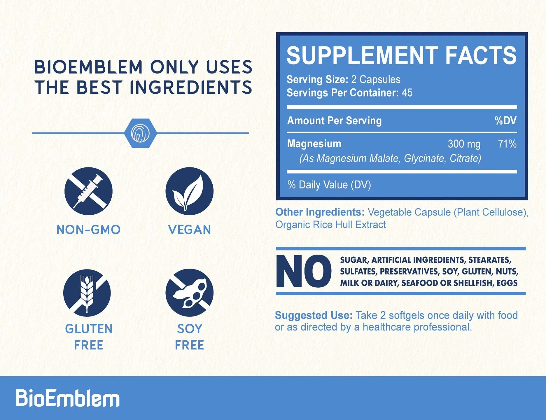 BioEmblem Triple Magnesium Complex - 300mg Mg Glycinate, Malate & Citrate | Vegan, Non-GMO | 90 Capsules - Image 4