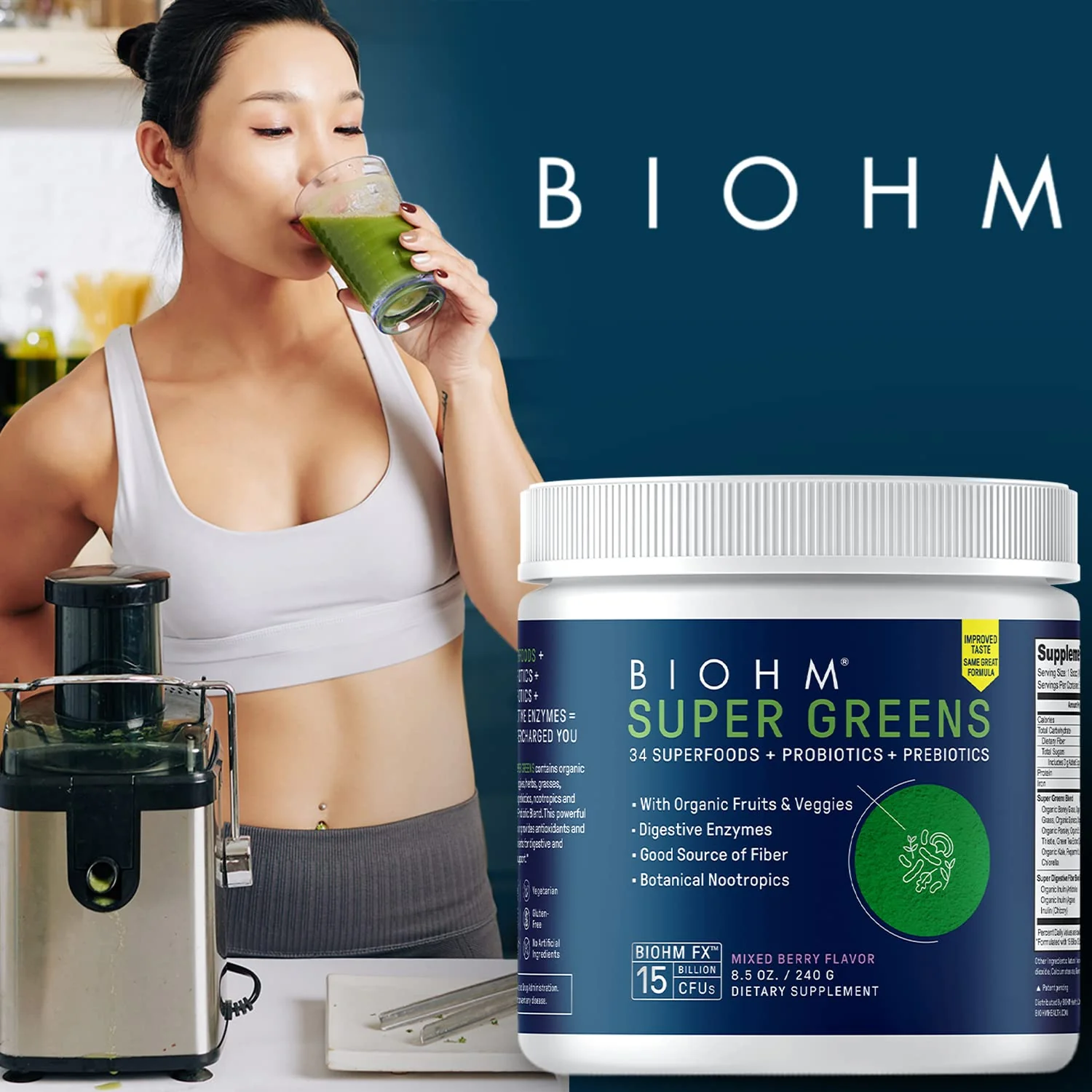 BIOHM Super Greens – 34-Ingredient Green Superfood Powder with Probiotics & Digestive Enzymes (Mixed Berry) - Image 2