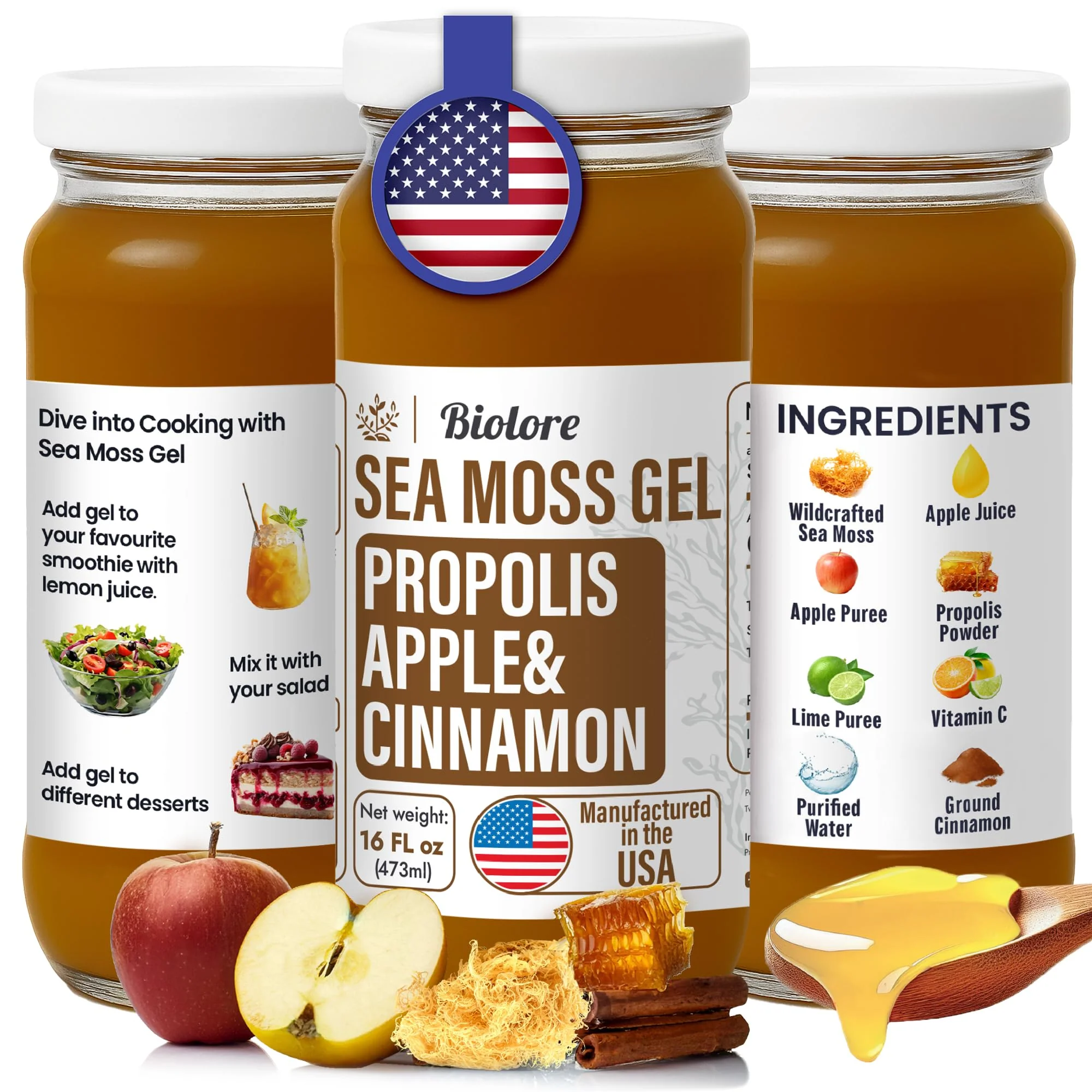 Biolore Sea Moss Gel with Propolis - Apple & Cinnamon, 16 oz | Vegan, Gluten-Free, No Added Sugar