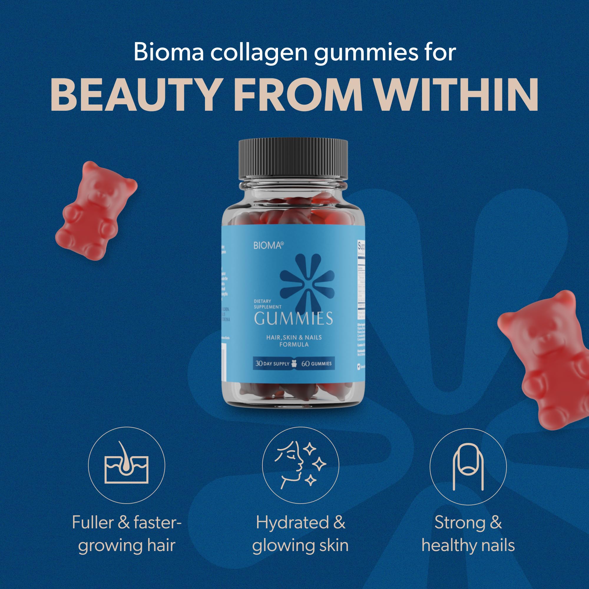 BIOMA Hair, Skin & Nails Gummies – Biotin, Collagen, Zinc, Vitamin C & D – Gluten-Free, 180 Gummies - Image 3
