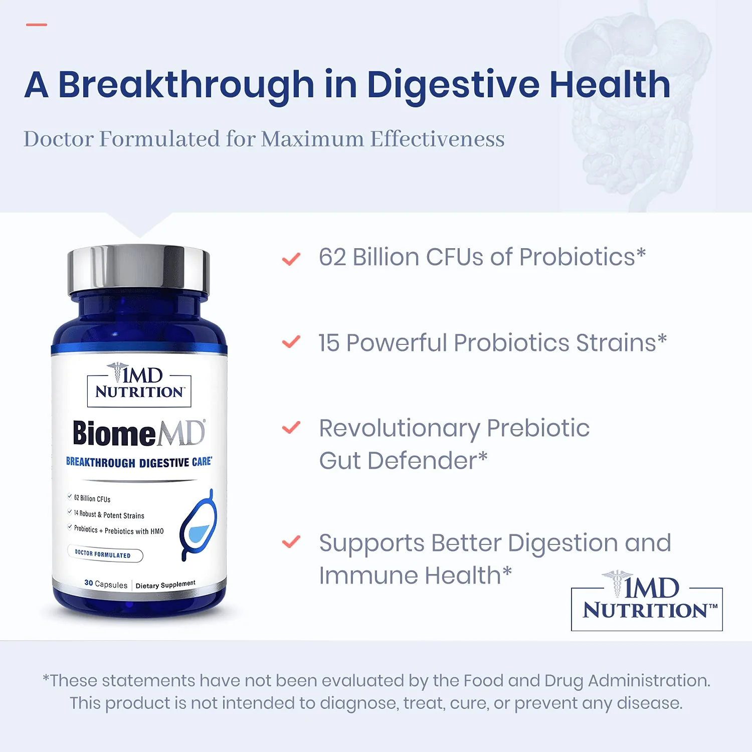 BiomeMD Probiotics by 1MD Nutrition | 62B CFUs, 15 Strains + Prebiotics | Digestive & Immune Support | 30 Capsules - Image 5