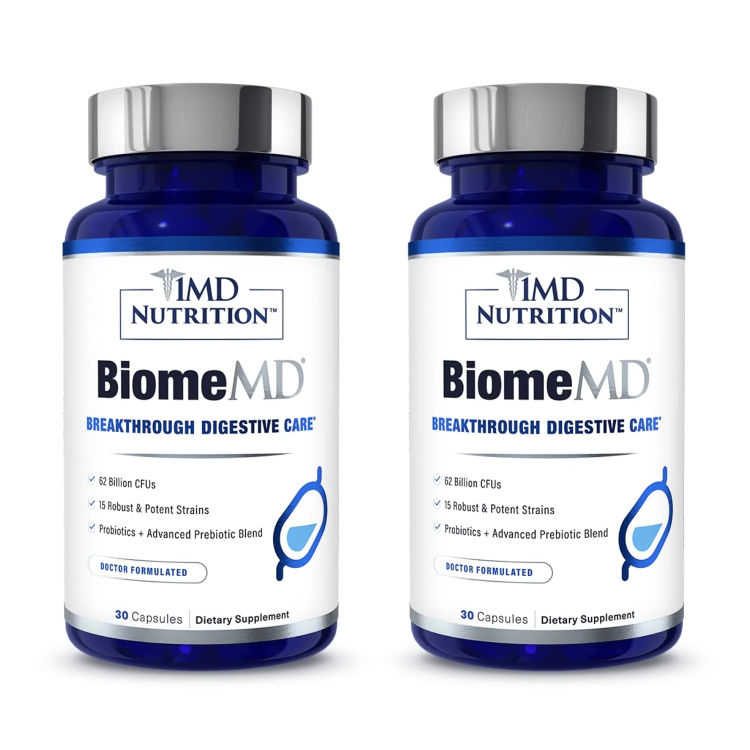 BiomeMD Probiotics by 1MD Nutrition — 62B CFUs, 15 Strains + Prebiotics | Digestive & Immune Support | 60 Capsules