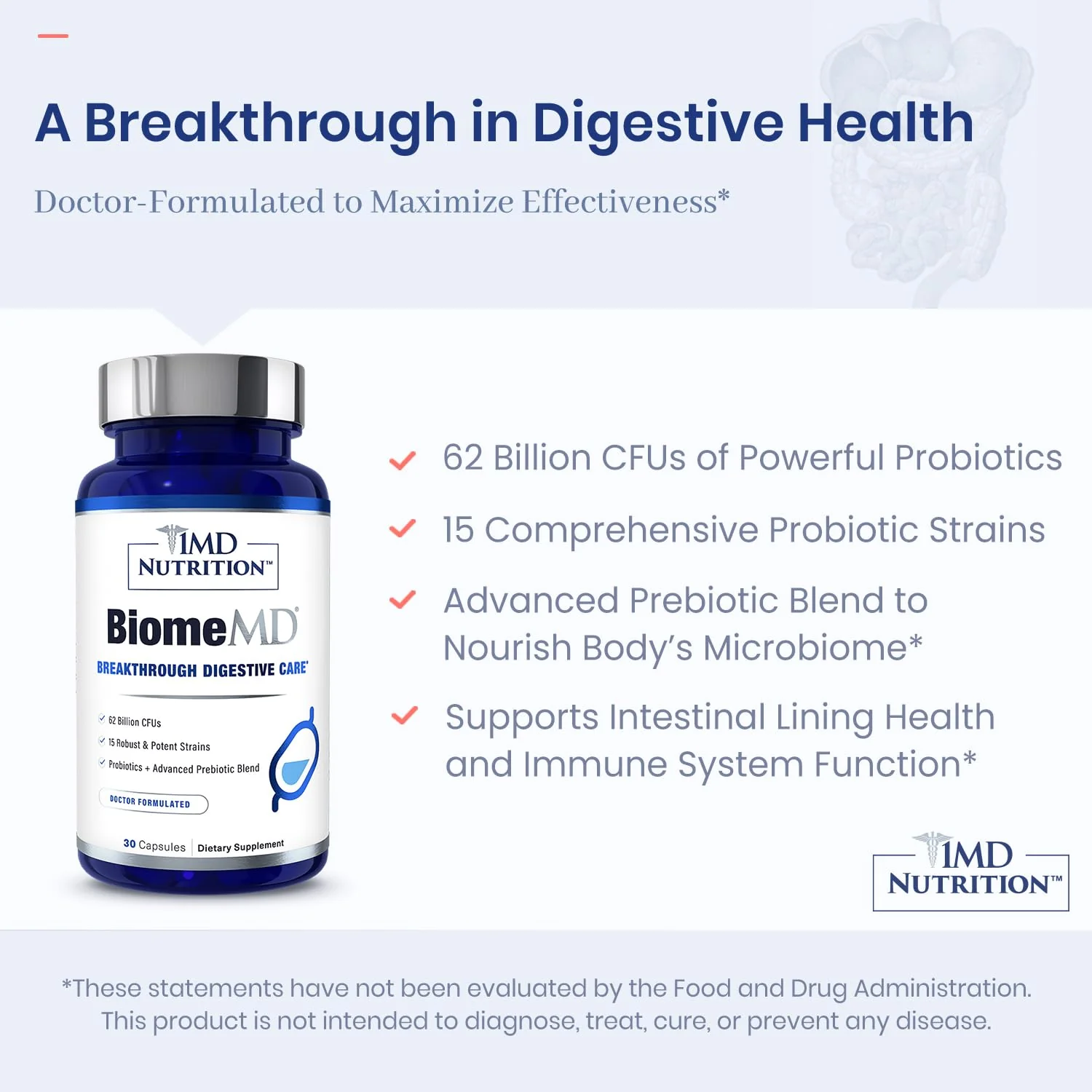 BiomeMD Probiotics by 1MD Nutrition — 62B CFUs, 15 Strains + Prebiotics | Digestive & Immune Support | 60 Capsules - Image 5