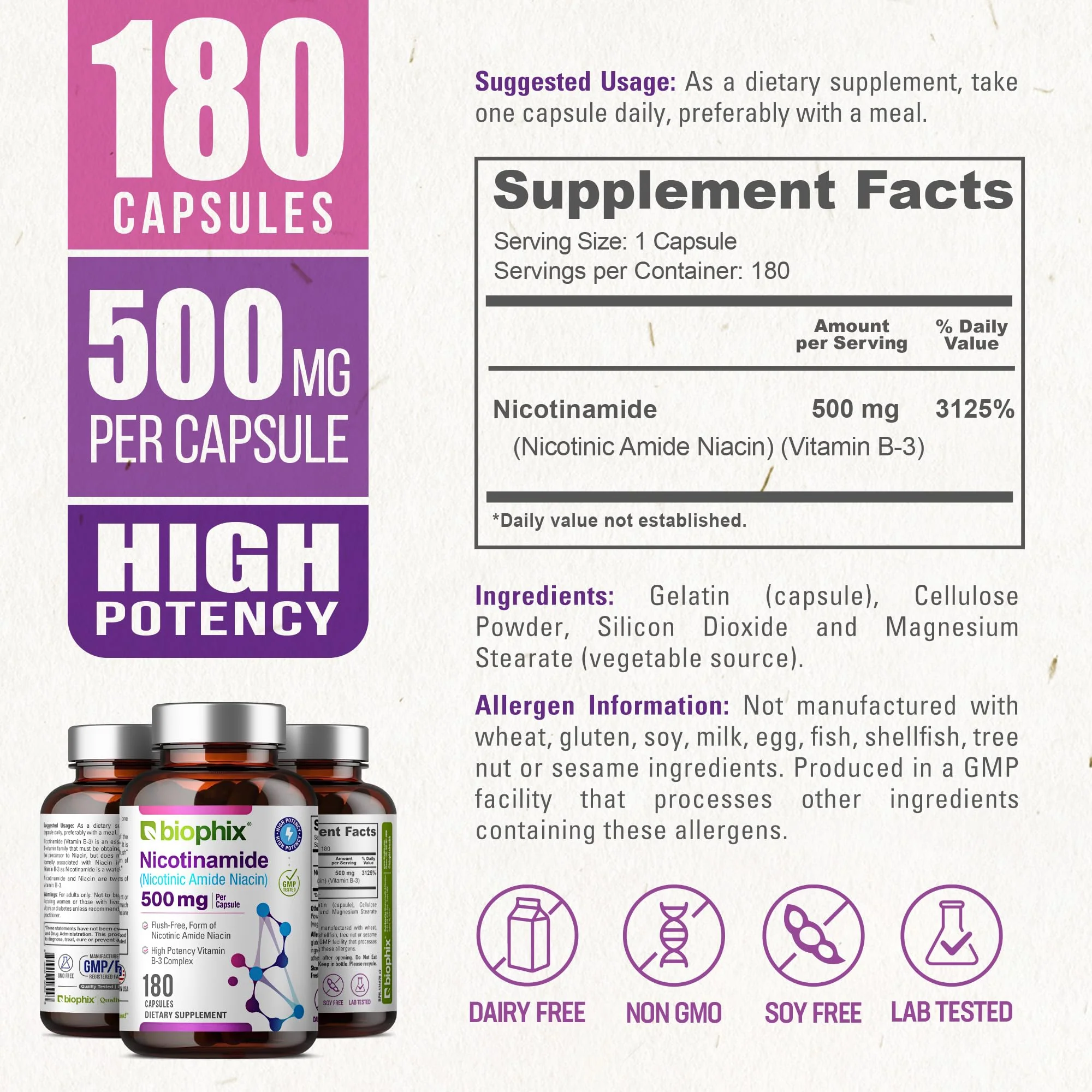 Biophix B-3 Nicotinamide 500 mg - 180 Caps (2 Pack) | Flush-Free Vitamin for Skin Health - Image 4