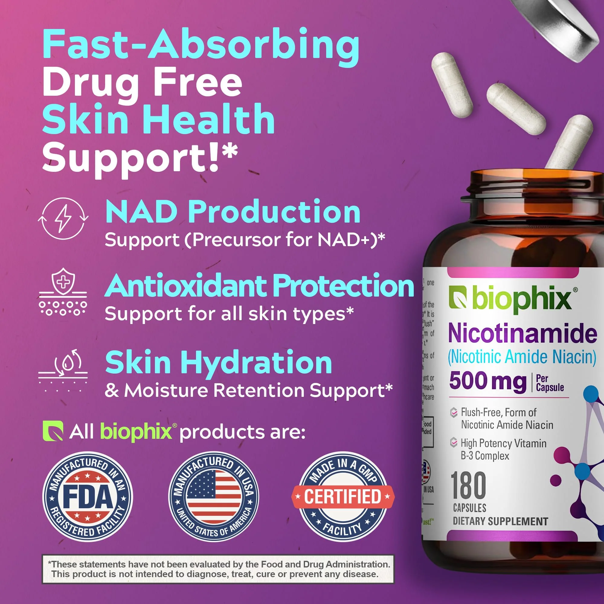 Biophix B-3 Nicotinamide 500 mg - 180 Caps (2 Pack) | Flush-Free Vitamin for Skin Health - Image 5
